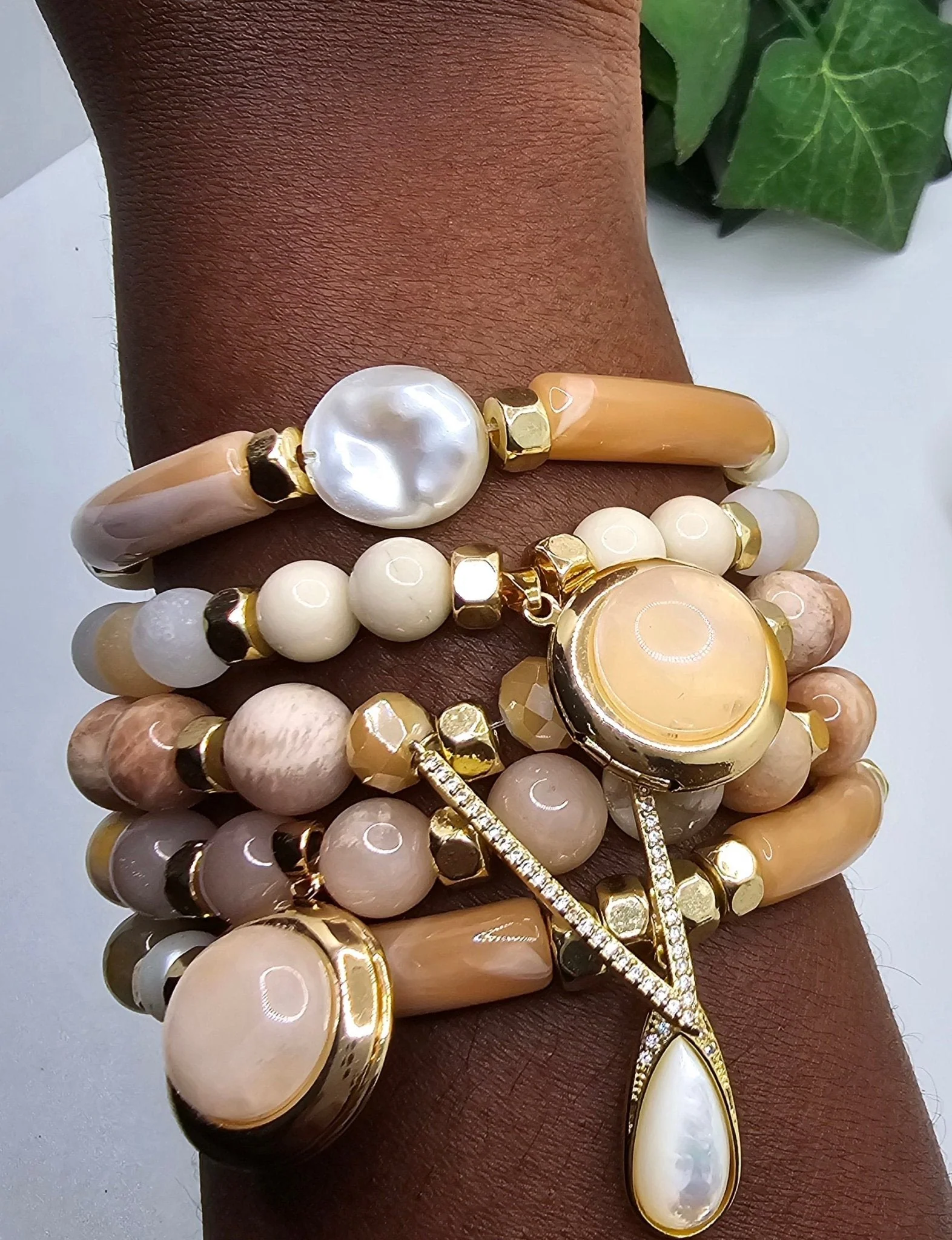 Natural Sunstone and Peach Moonstone Bracelet Set - Image 2