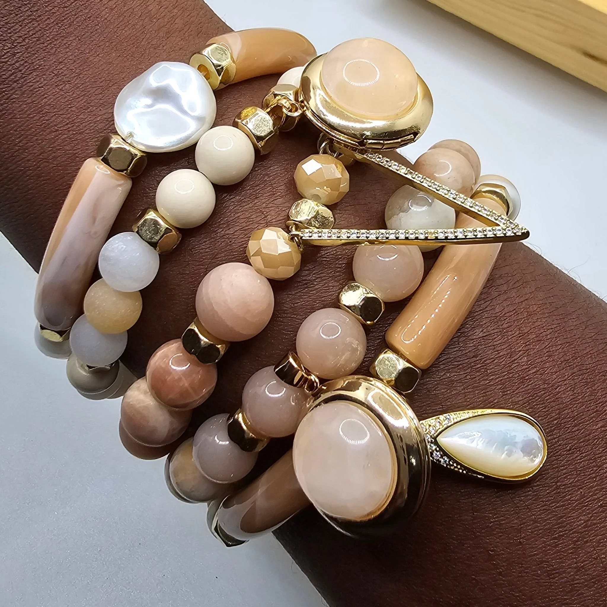 Natural Sunstone and Peach Moonstone Bracelet Set - Image 3