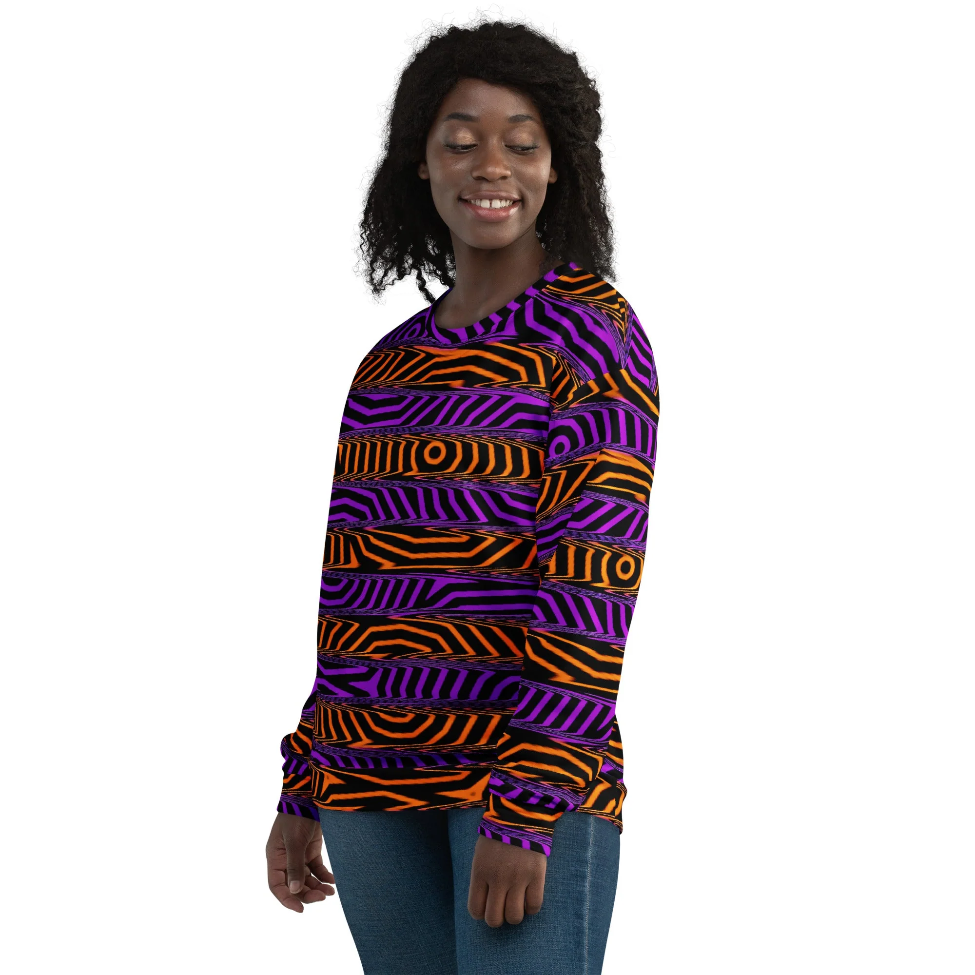 Orange and Purple Spooky Stripes All Over Print Sweatshirt - Image 2