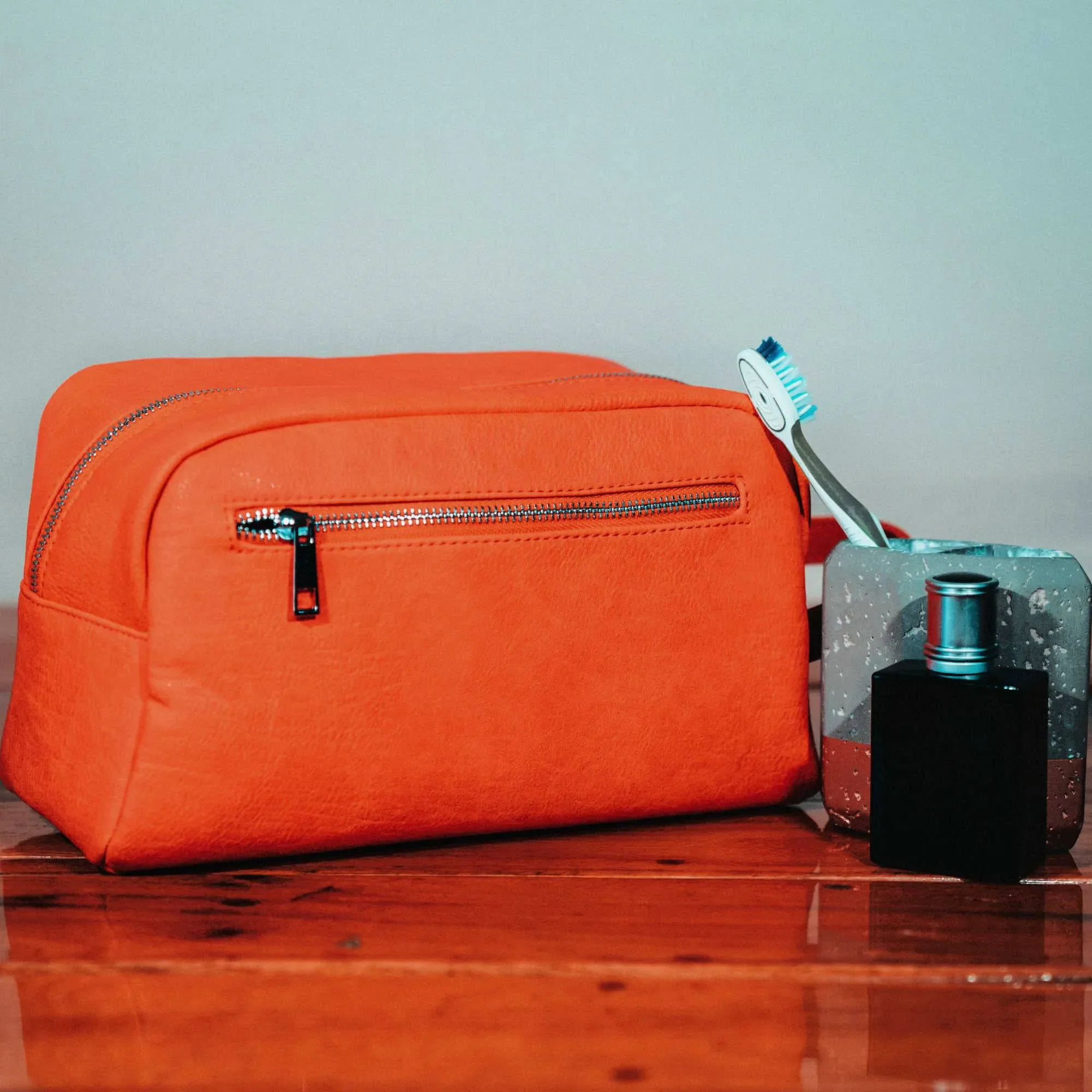 Orange Tumbled Leather Toiletry Bag - Image 4