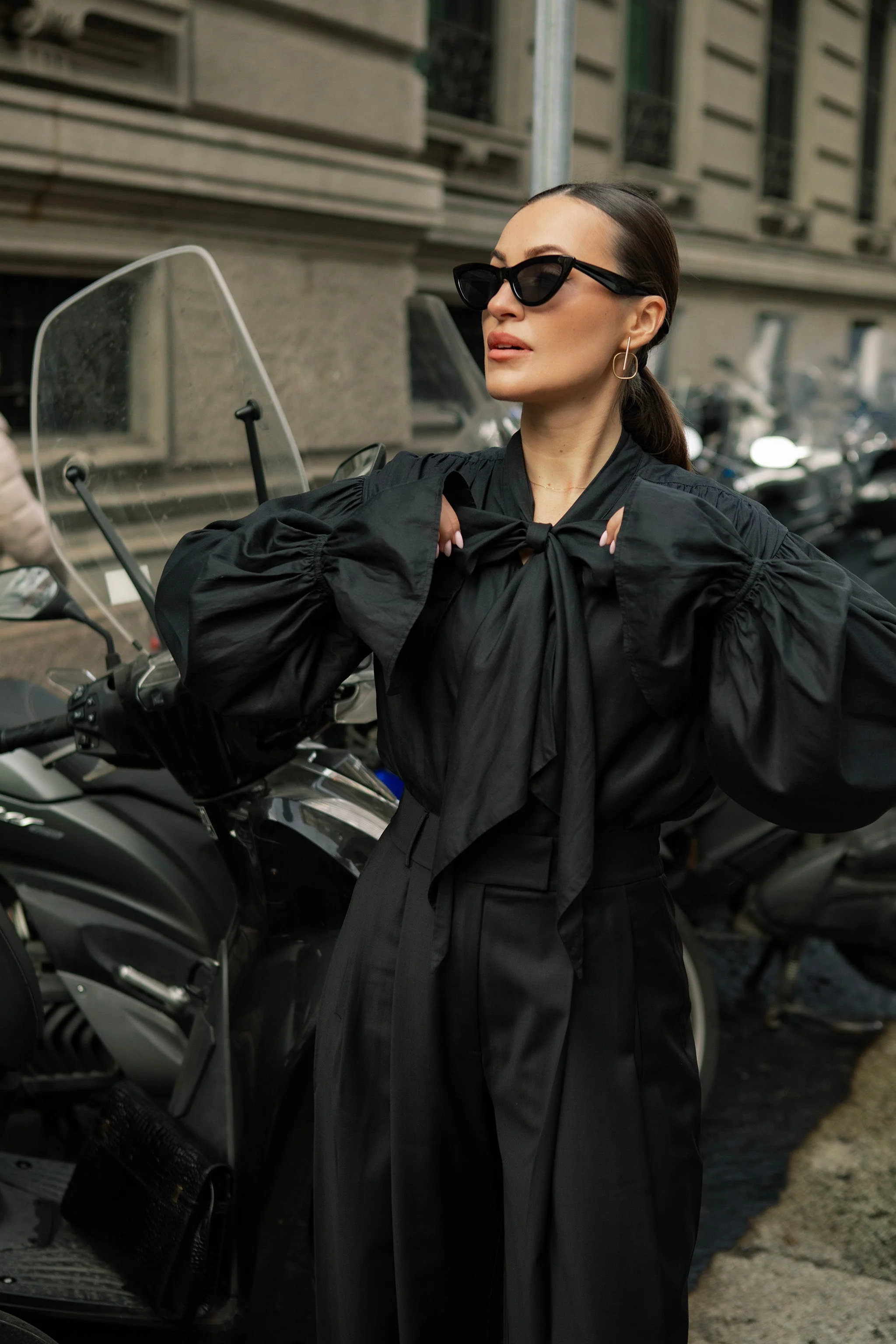 Protagonista Tencel Bow-Tie Black Blouse With Voluminous Airy Sleeves - Image 11