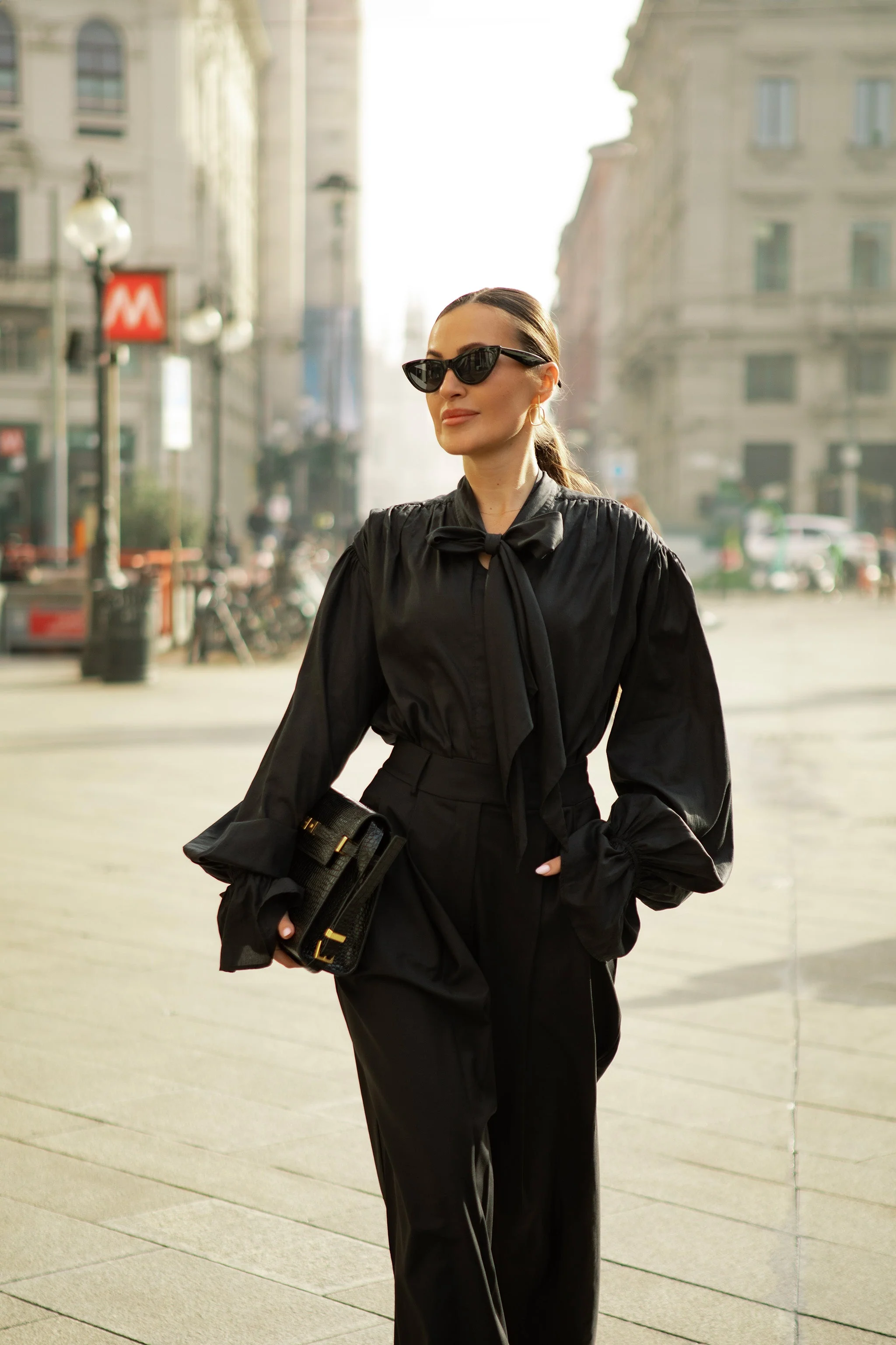 Protagonista Tencel Bow-Tie Black Blouse With Voluminous Airy Sleeves - Image 2
