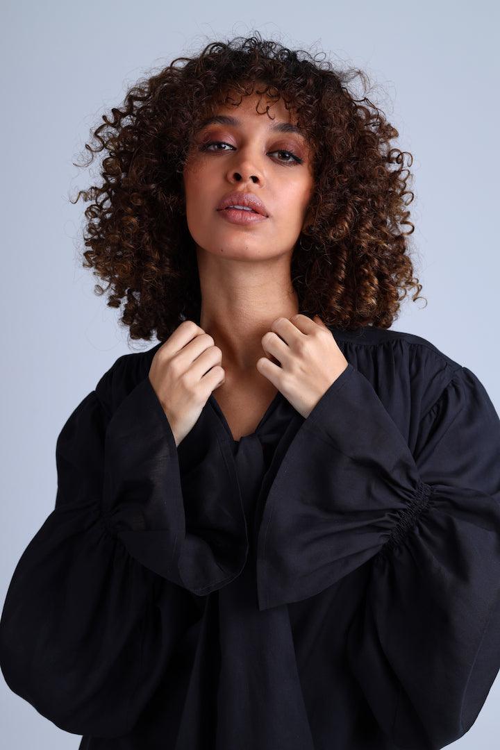 Protagonista Tencel Bow-Tie Black Blouse With Voluminous Airy Sleeves - Image 3