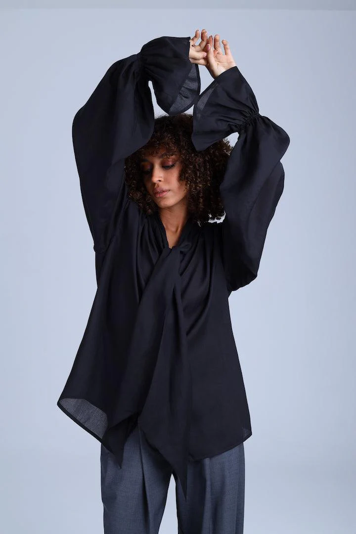Protagonista Tencel Bow-Tie Black Blouse With Voluminous Airy Sleeves - Image 6