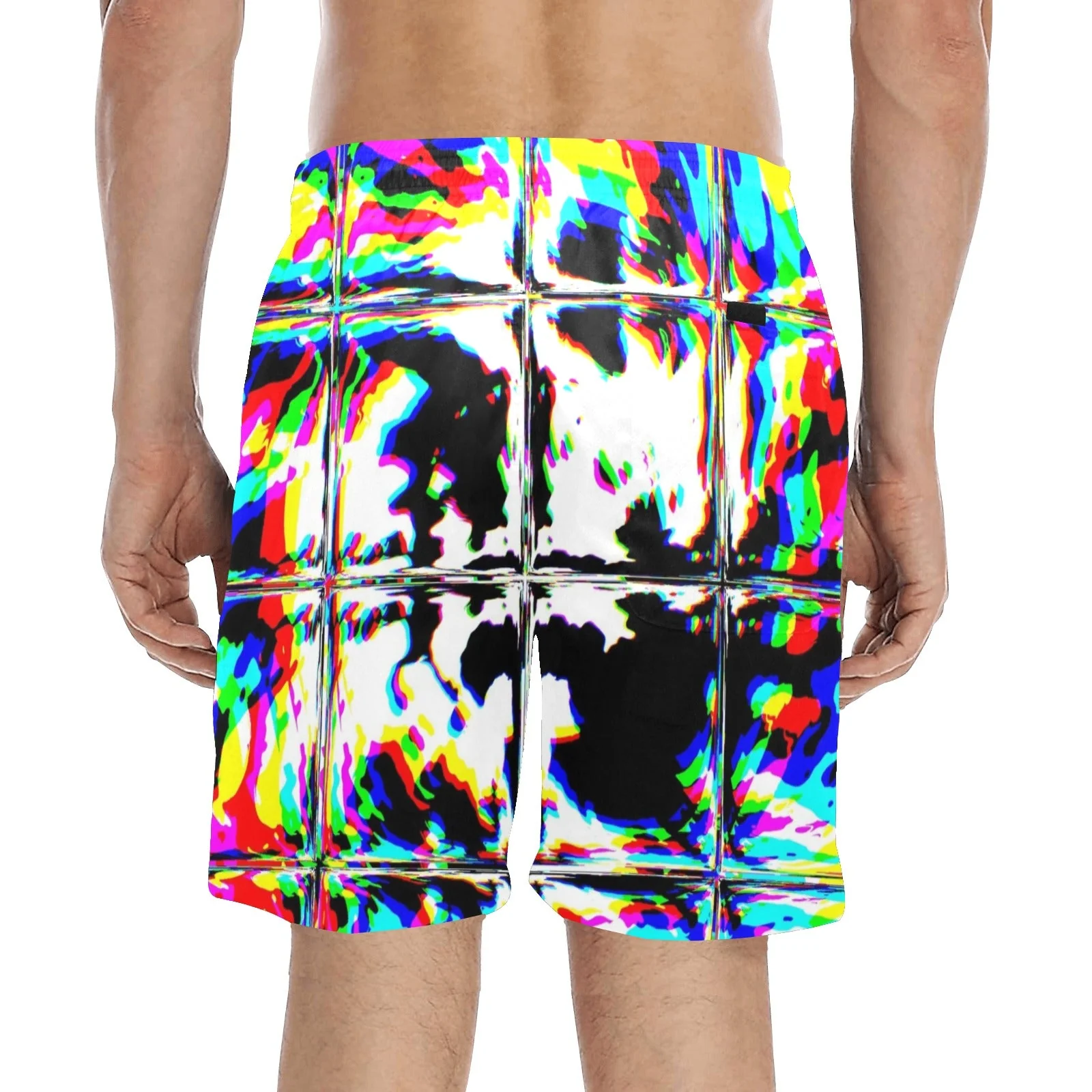 Psychedelic Rave Glitch Tiles Rainbow Plaid Swim Shorts - Image 2