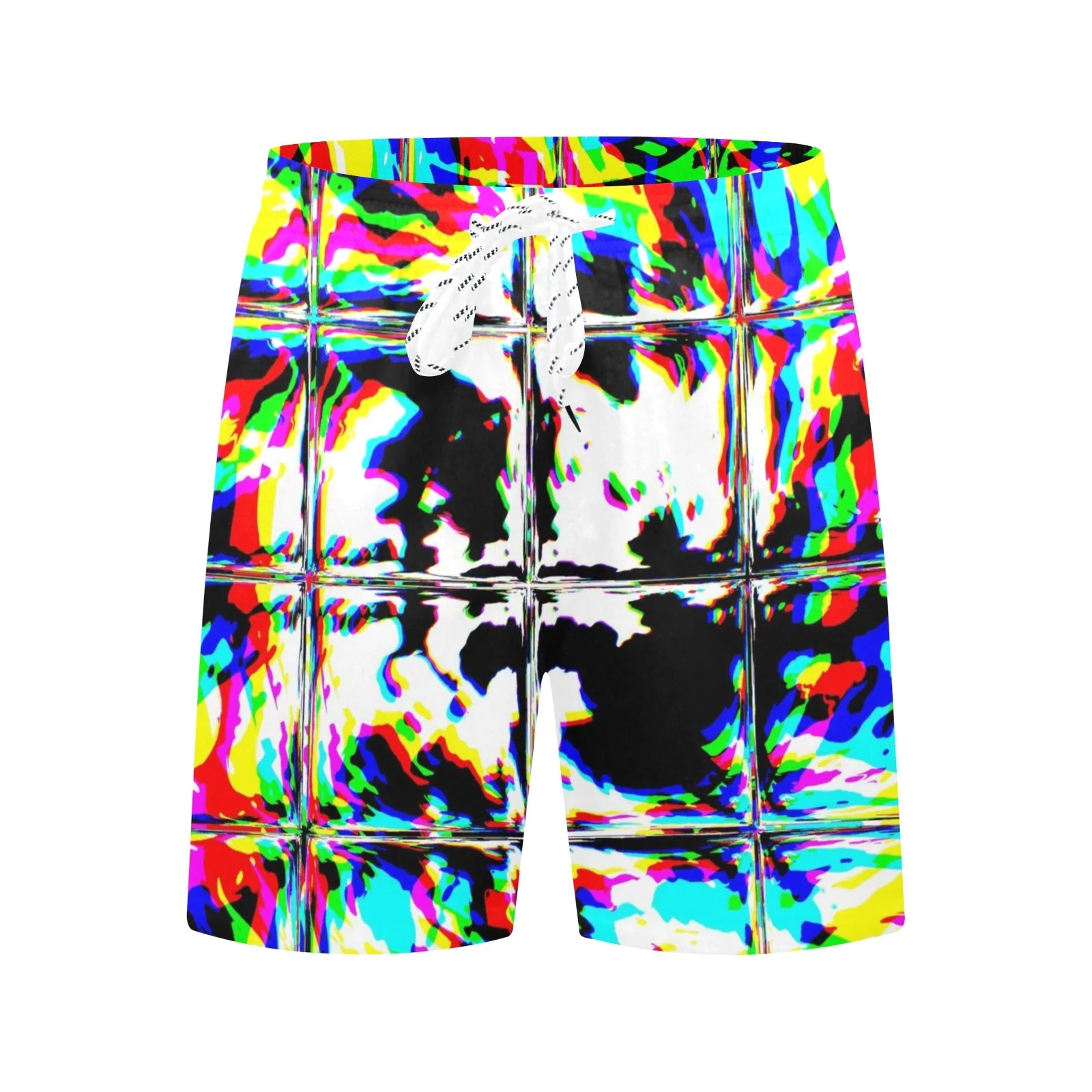 Psychedelic Rave Glitch Tiles Rainbow Plaid Swim Shorts - Image 3