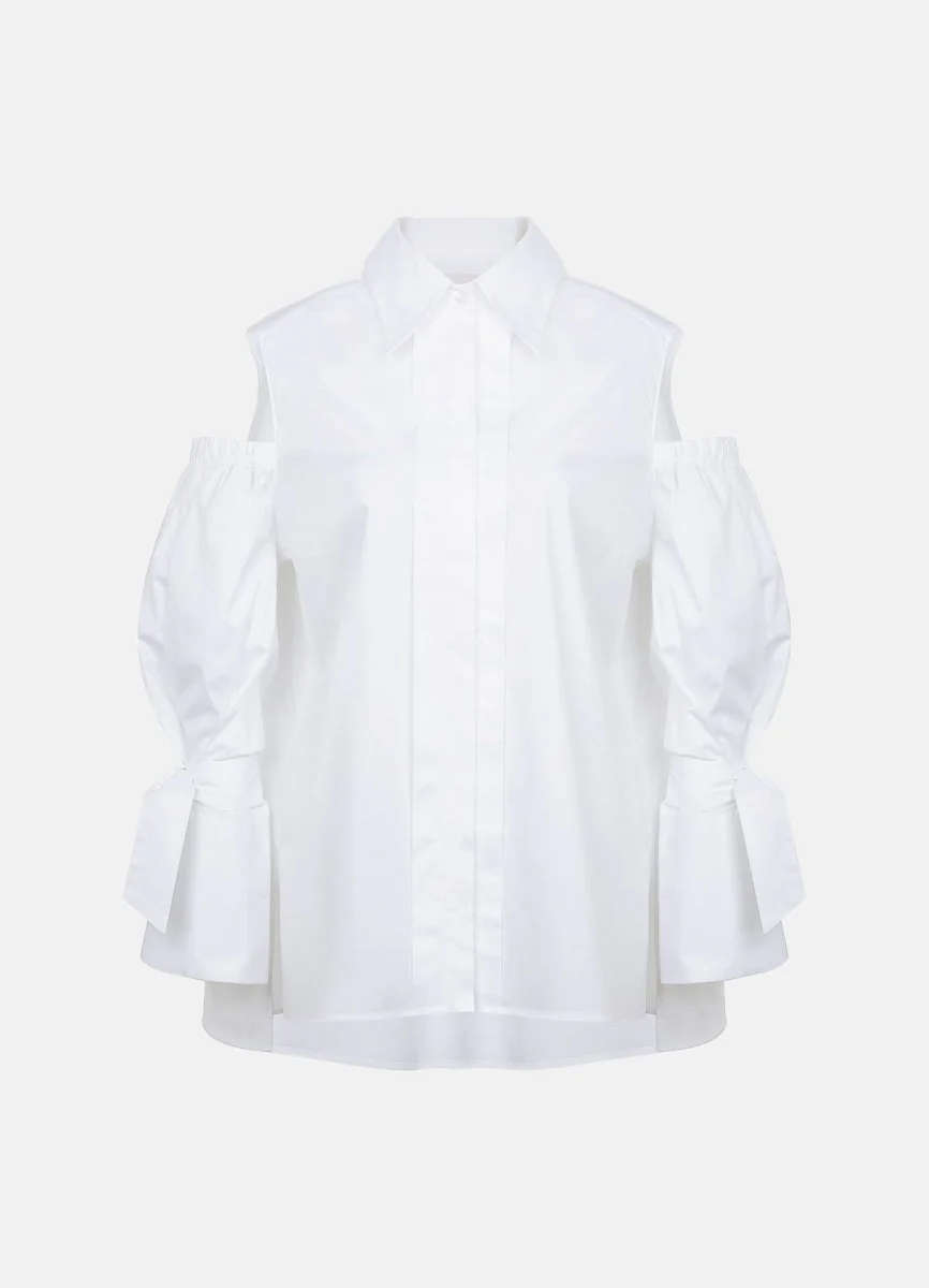 Quarta Open Shoulders White Organic Cotton Shirt - Image 2