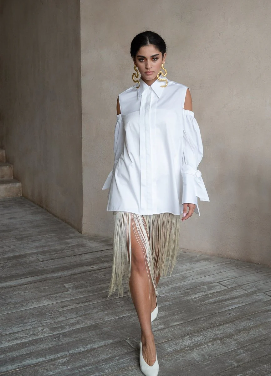 Quarta Open Shoulders White Organic Cotton Shirt - Image 3