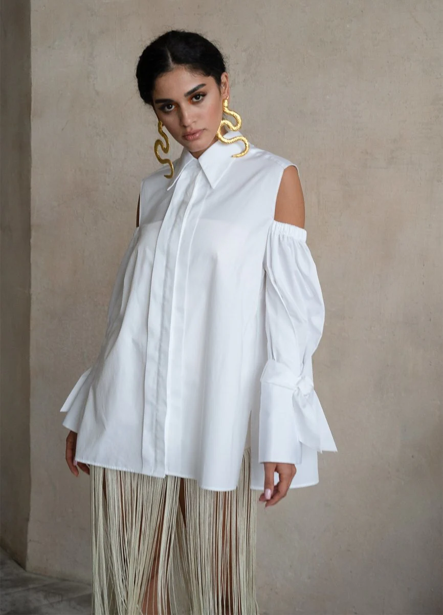 Quarta Open Shoulders White Organic Cotton Shirt - Image 4