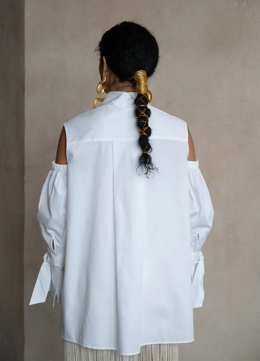 Quarta Open Shoulders White Organic Cotton Shirt - Image 6