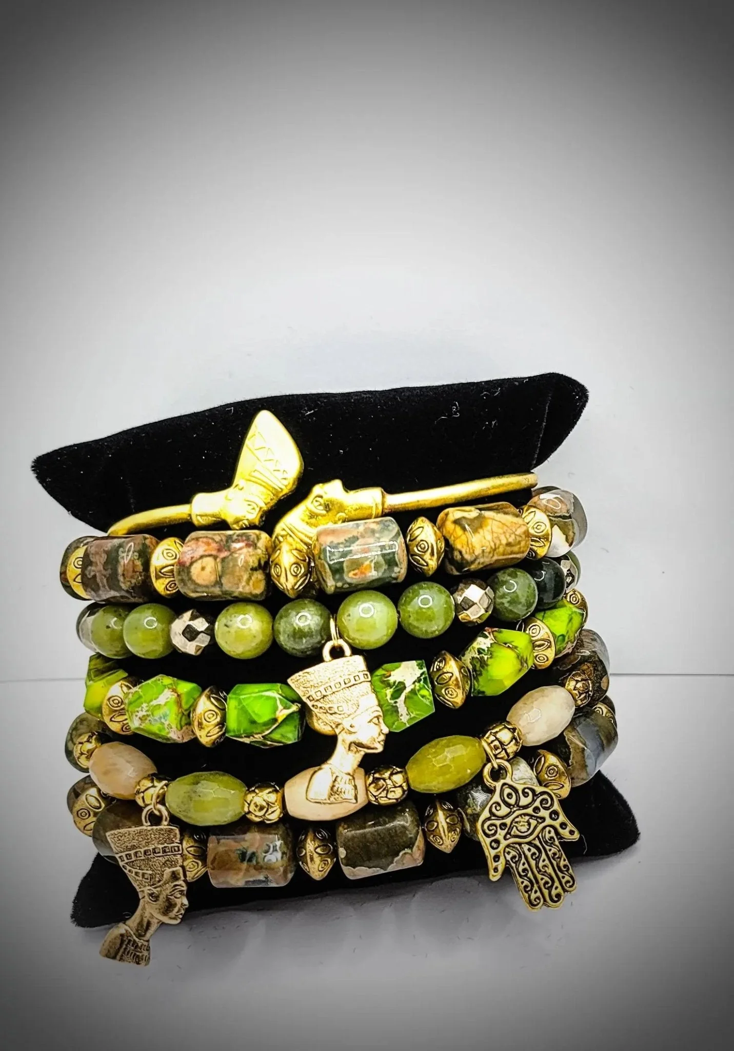 Queen Nefertiti Natural Green Sea Sediment Jasper Bracelet set - Image 2