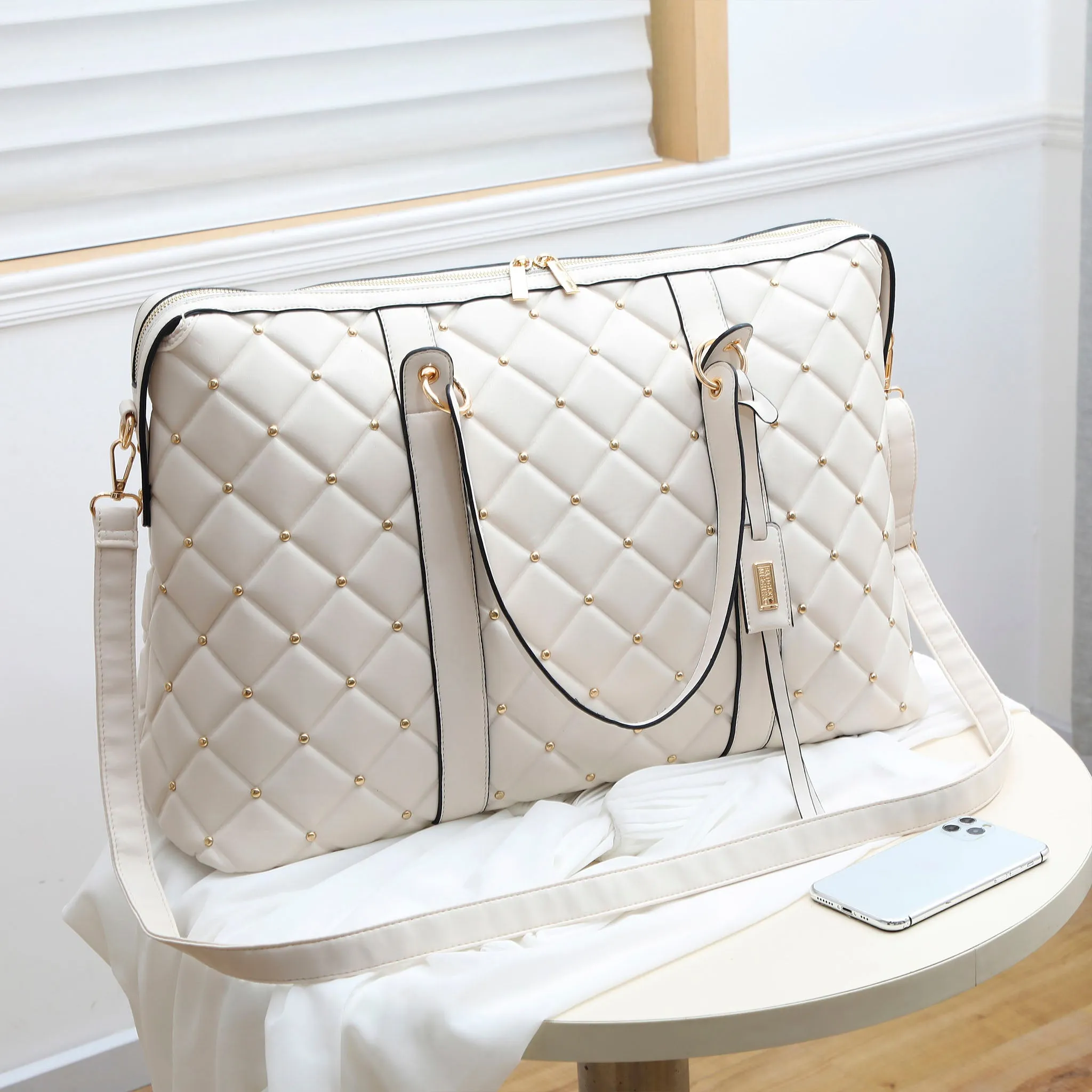 Diamond Quilted Vegan Leather Weekender Tote Bag - Image 12