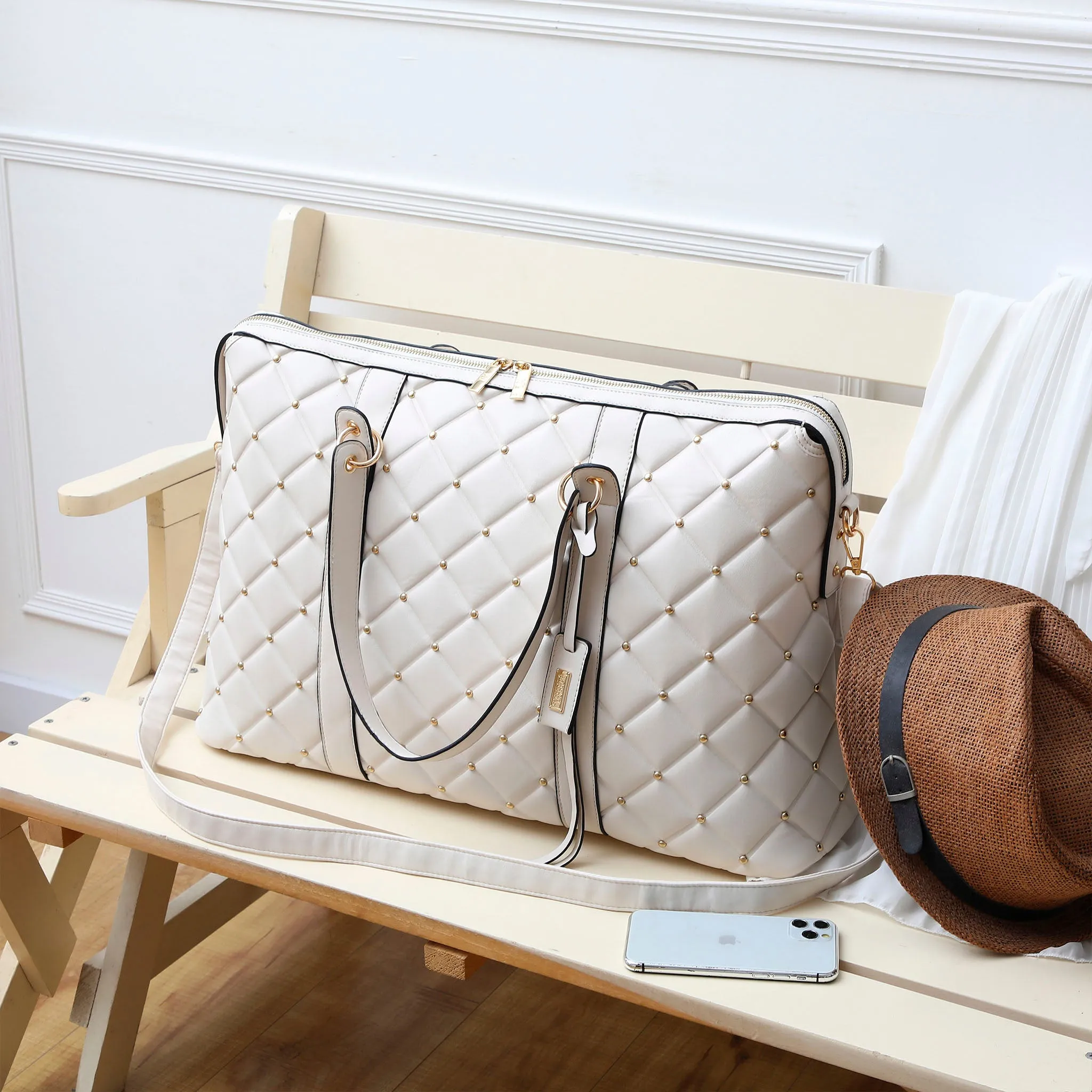 Diamond Quilted Vegan Leather Weekender Tote Bag - Image 15