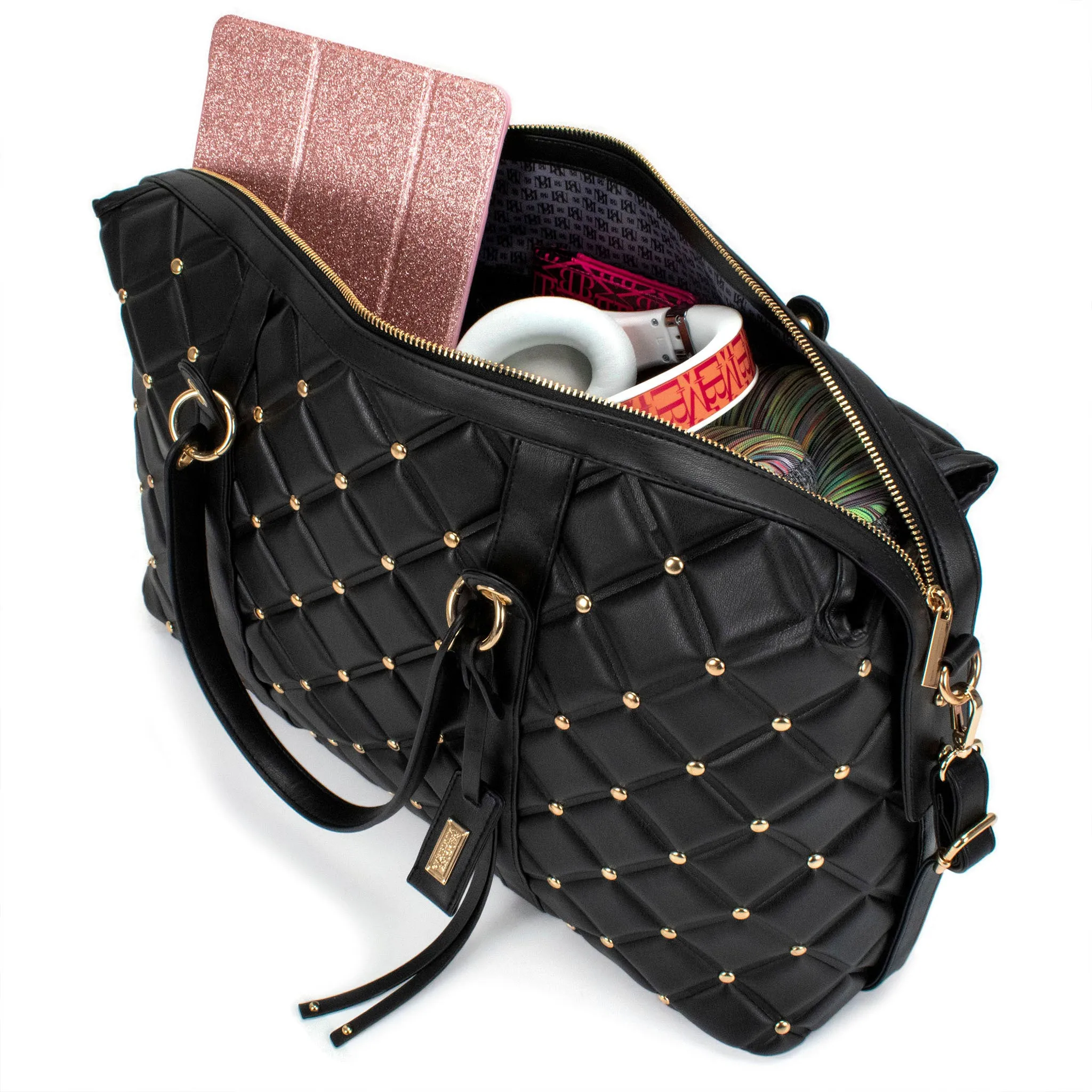 Diamond Quilted Vegan Leather Weekender Tote Bag - Image 4