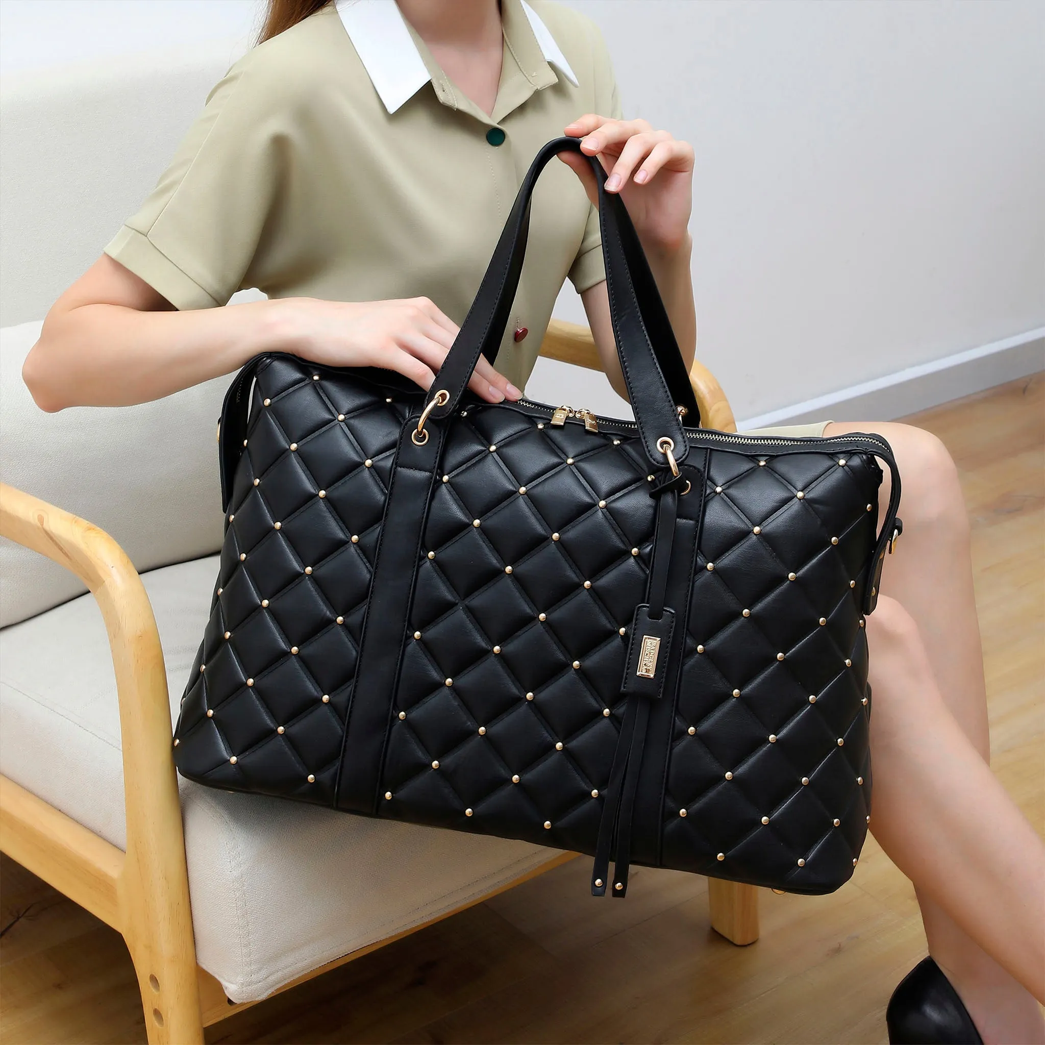 Diamond Quilted Vegan Leather Weekender Tote Bag - Image 6