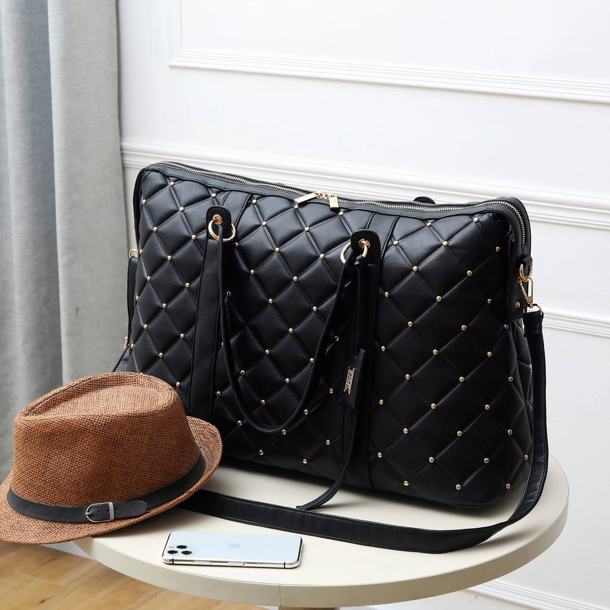 Diamond Quilted Vegan Leather Weekender Tote Bag - Image 7