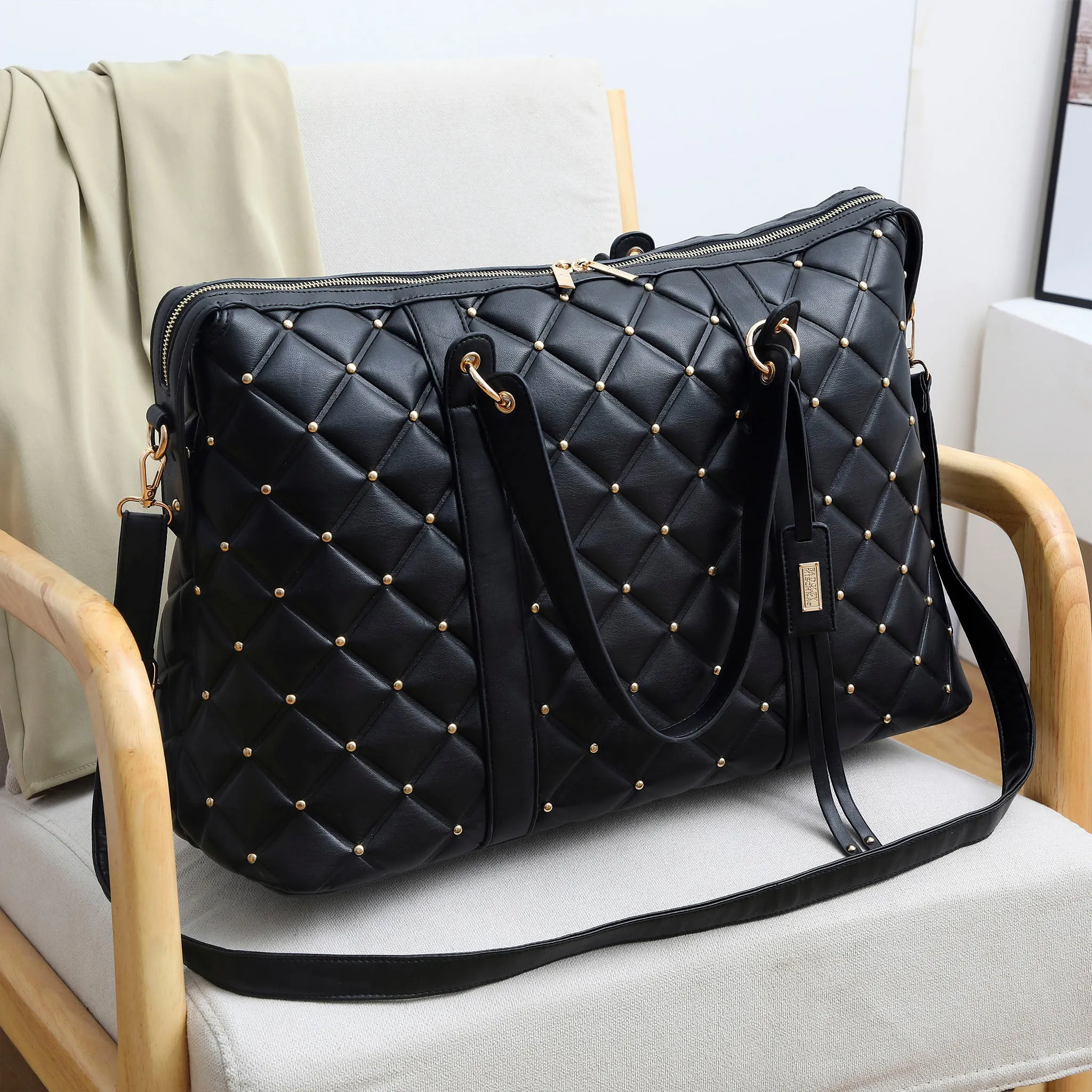 Diamond Quilted Vegan Leather Weekender Tote Bag - Image 8