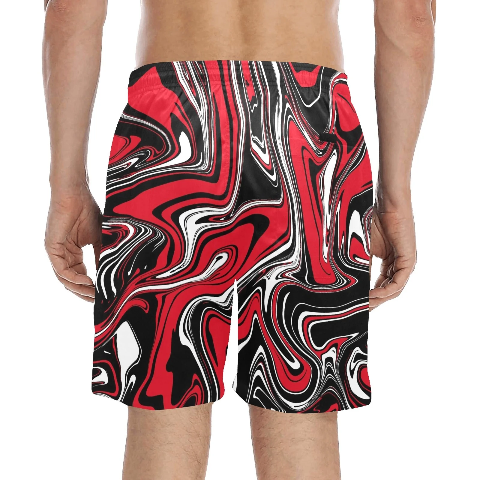 Red Black and White Rave Spill Swim Shorts - Image 2