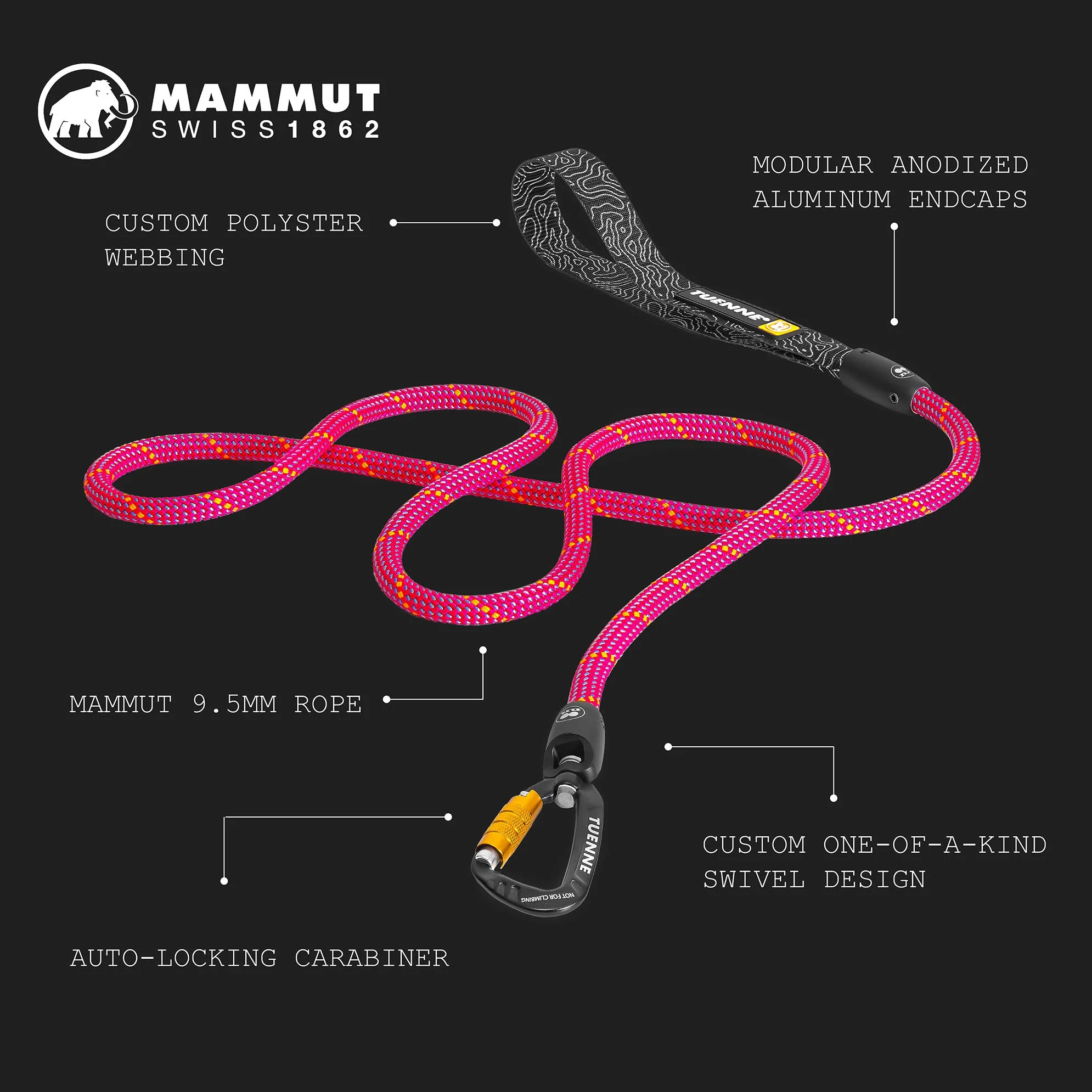 Rope Dog Leash with Auto-Locking Carabiner – 9.5mm Mammut Dry-Treated | Pink Zen | Tuenne - Image 2