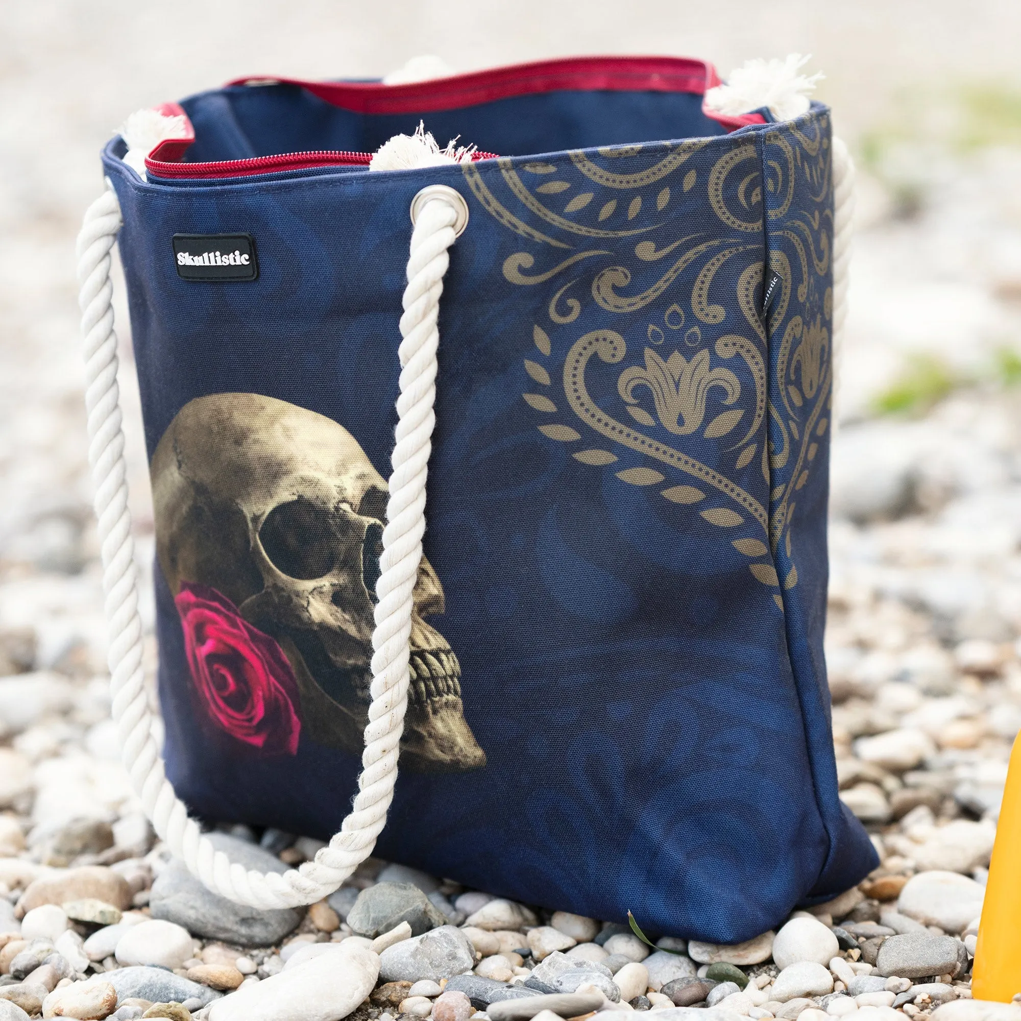 Rose Skull Navy Shoulder Beach Bag - Image 5