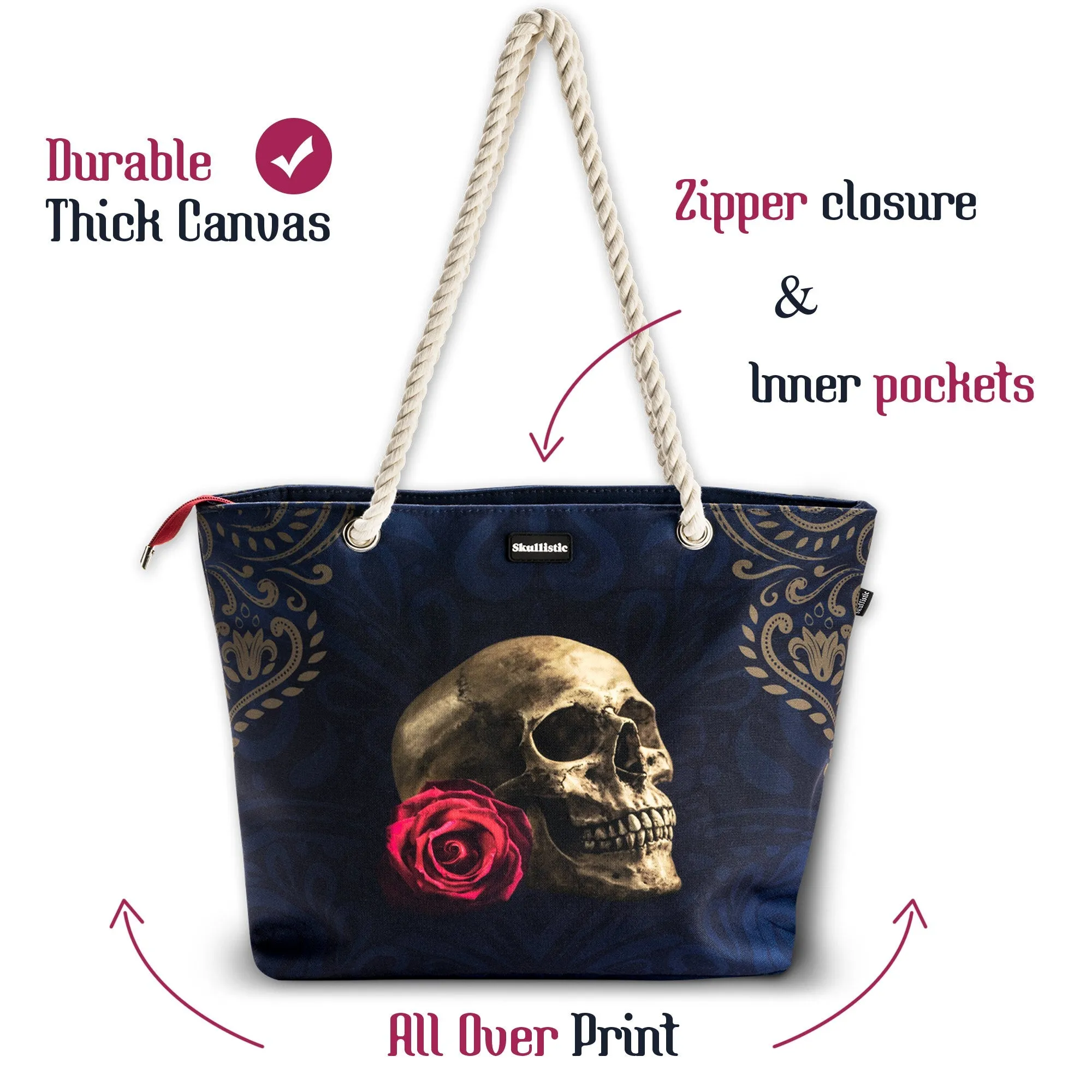 Rose Skull Navy Shoulder Beach Bag - Image 7