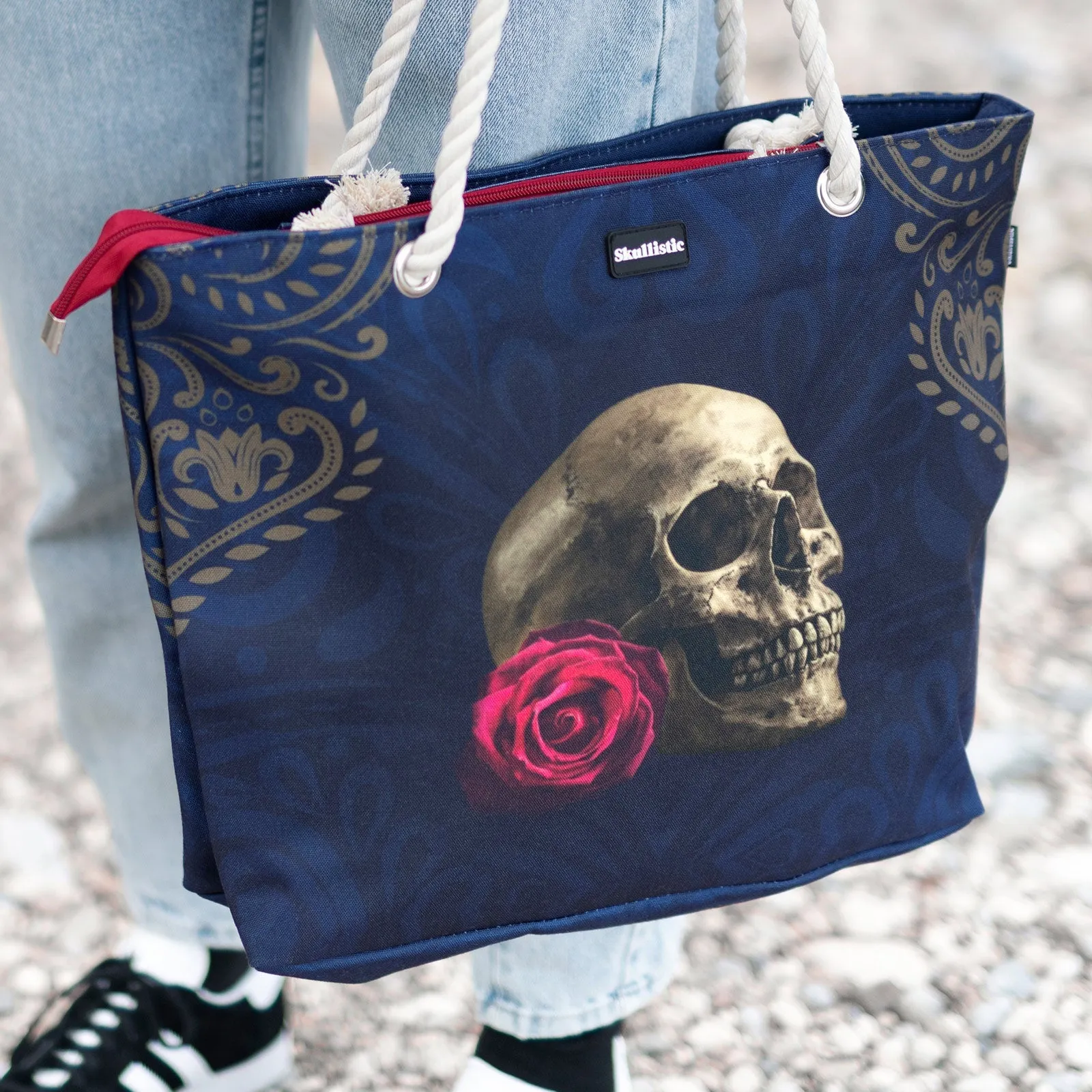 Rose Skull Navy Shoulder Beach Bag - Image 8