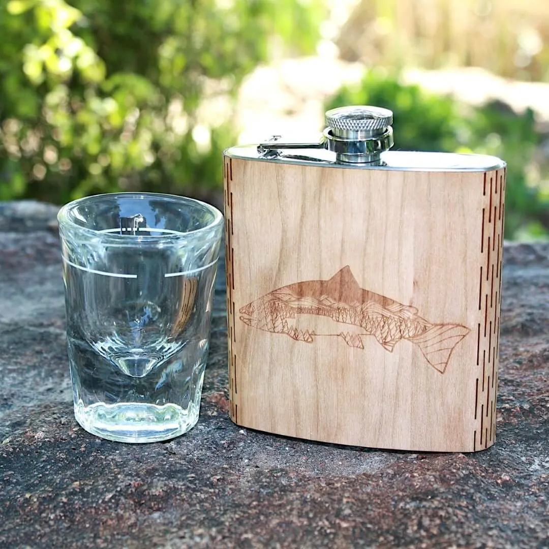 Salmon Night Landscape 6 oz. Wooden Hip Flask - Outdoor Adventure Collection - Art by Ben McKenzie - Image 2