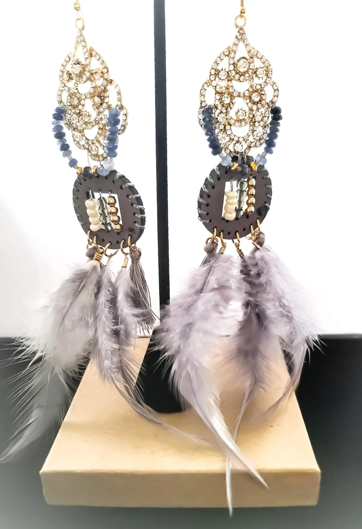 Sapphire and Gray Diamonds Feather Earrings - Image 3
