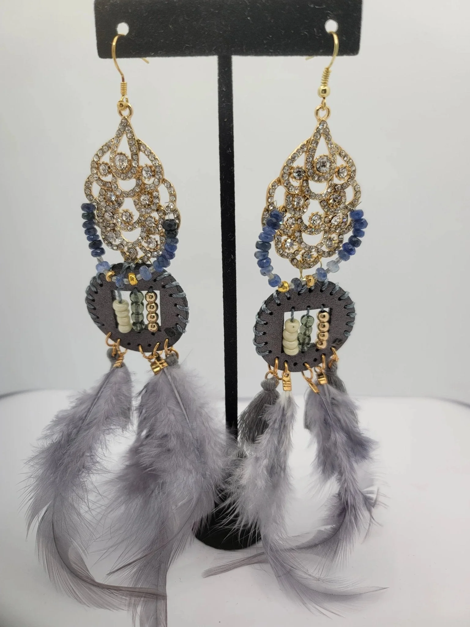 Sapphire and Gray Diamonds Feather Earrings - Image 4