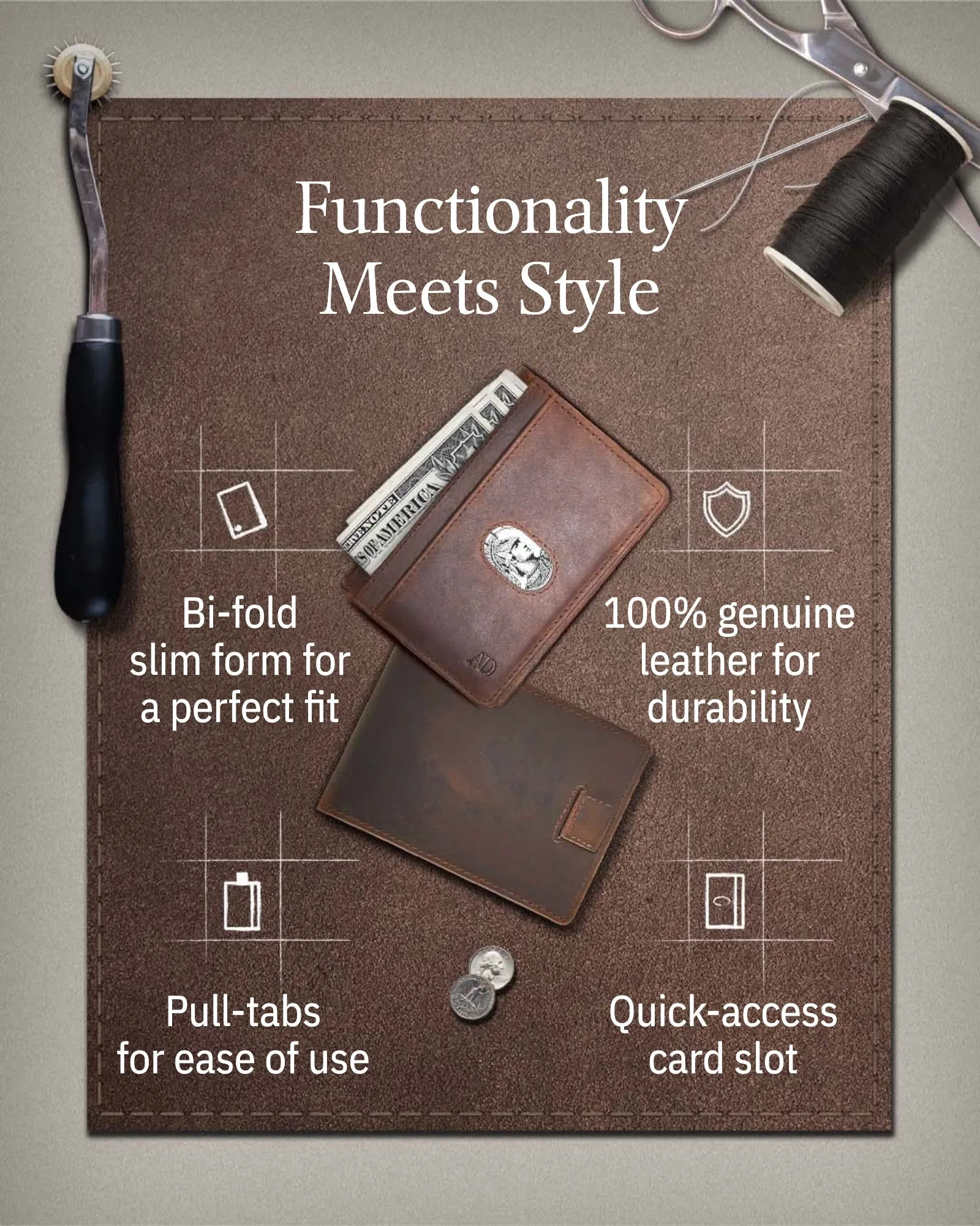 Leather Bifold Wallet with Pull Strap - Image 15