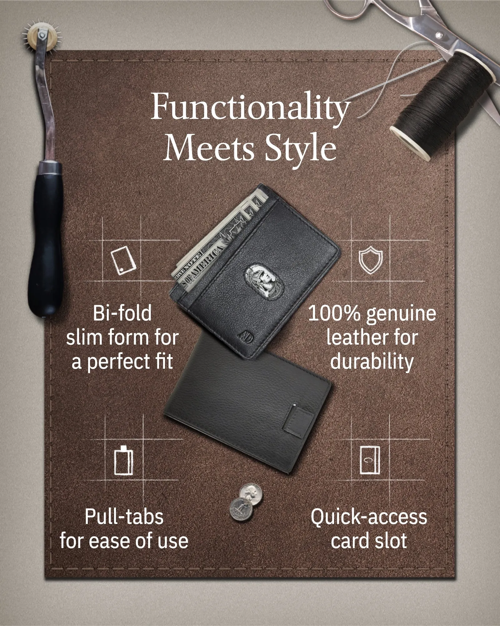 Leather Bifold Wallet with Pull Strap - Image 2