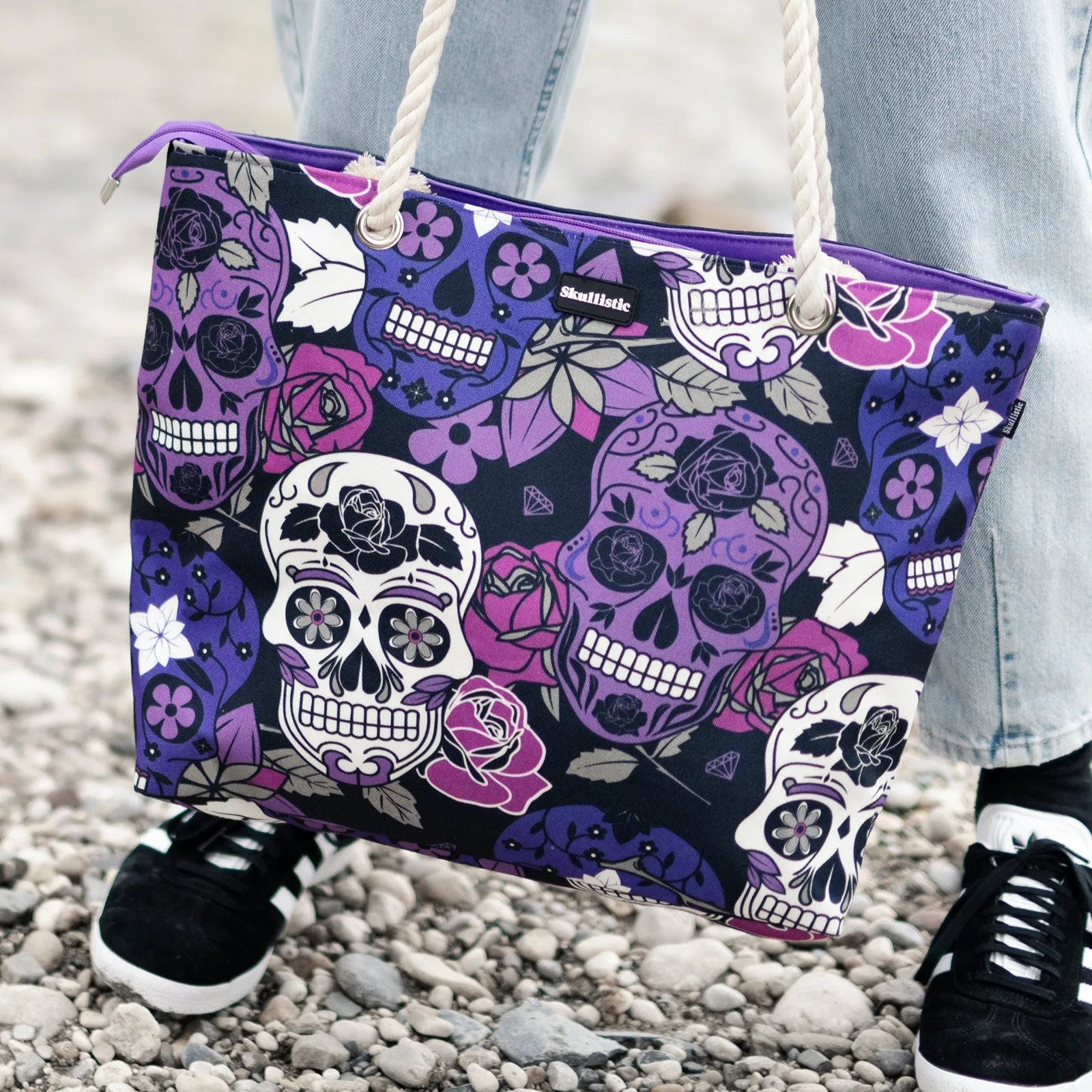 Sugar Skull Purple Shoulder Beach Bag - Image 9