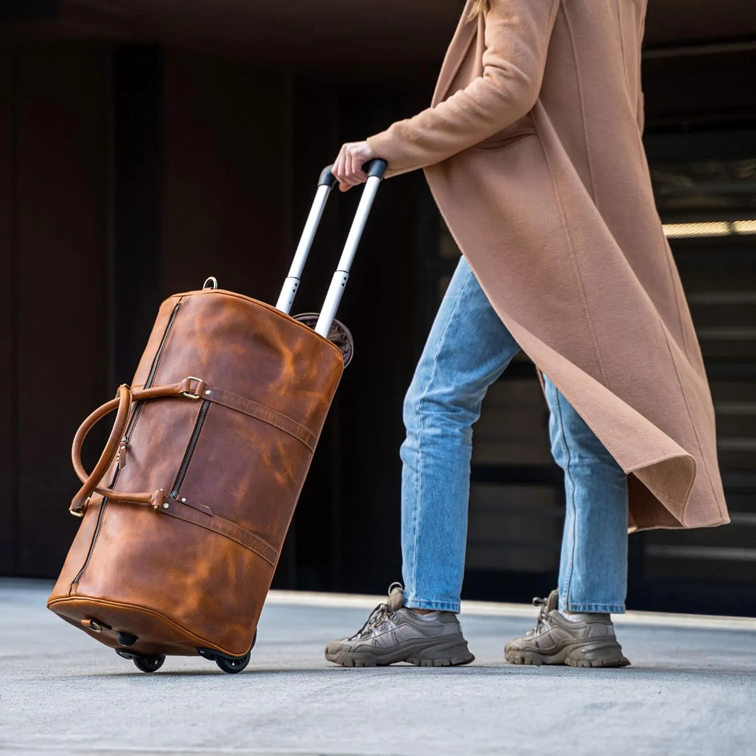 Tan Leather Trolley Duffel Bag 44L - Image 2