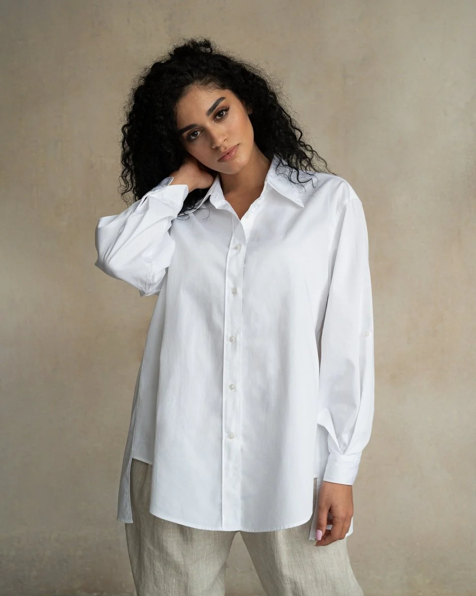 Terza Oversized Rolling-up White Cotton Shirt - Image 2