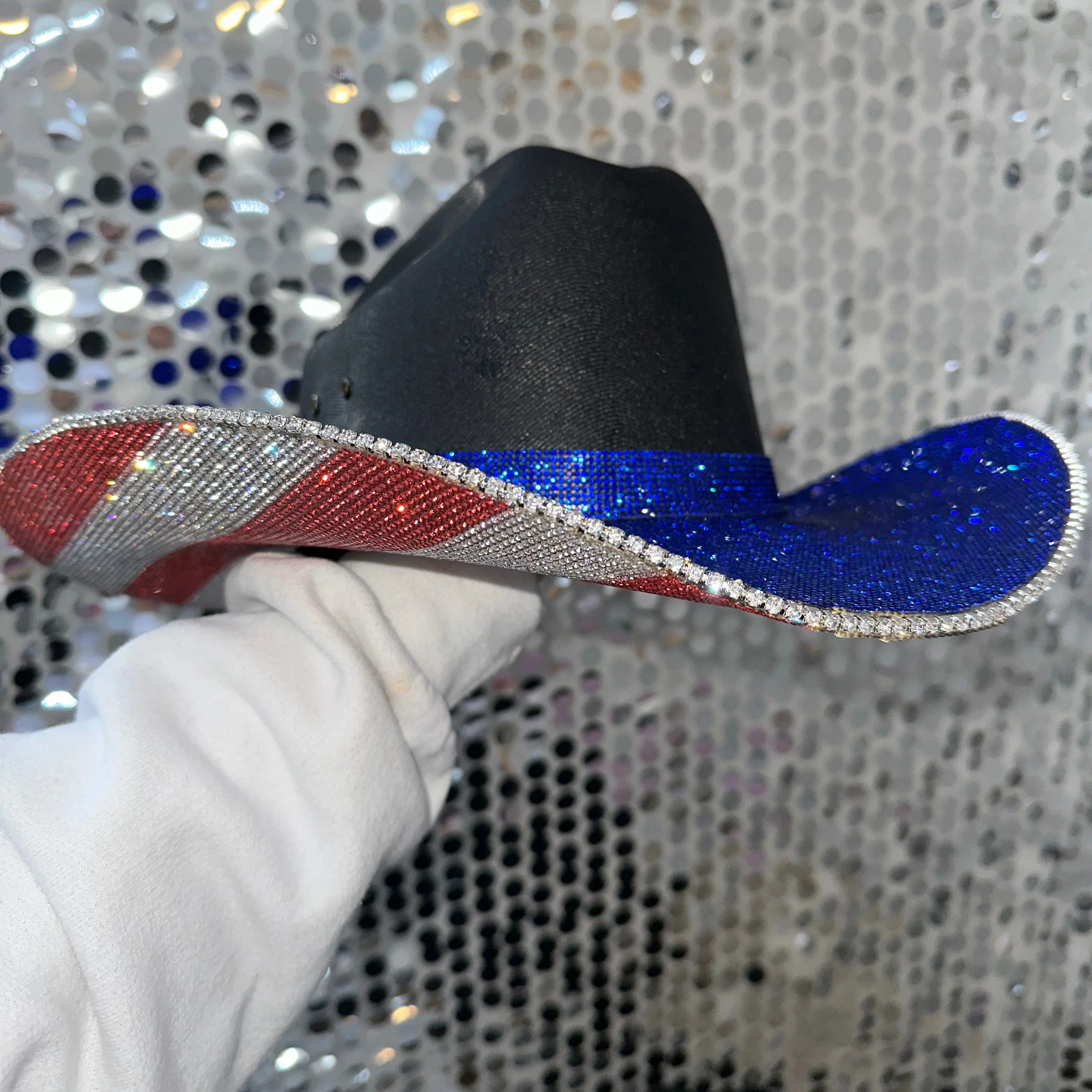 The "America" Hat in Black - Blue Rhinestones on Top