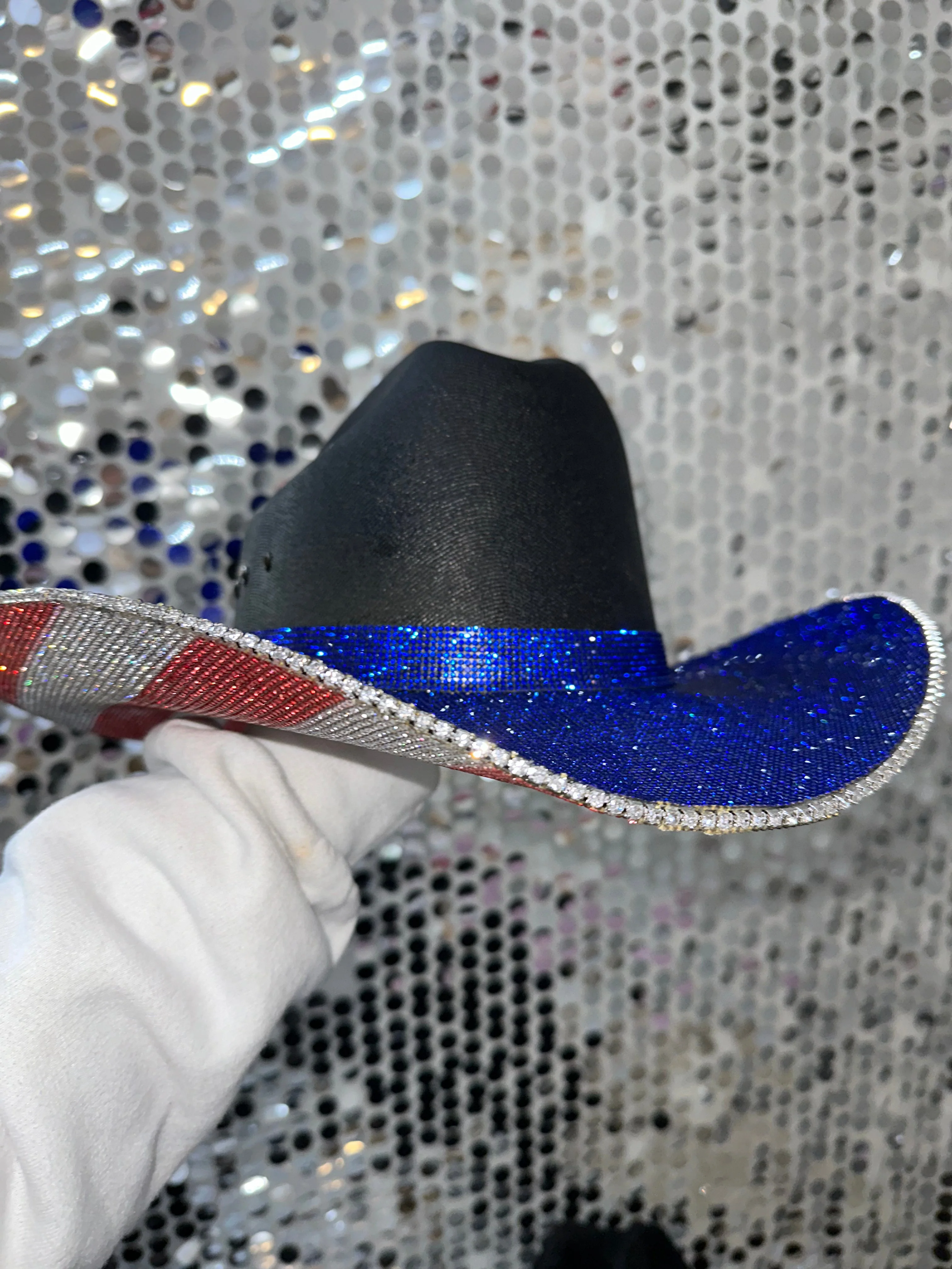 The "America" Hat in Black - Blue Rhinestones on Top - Image 3