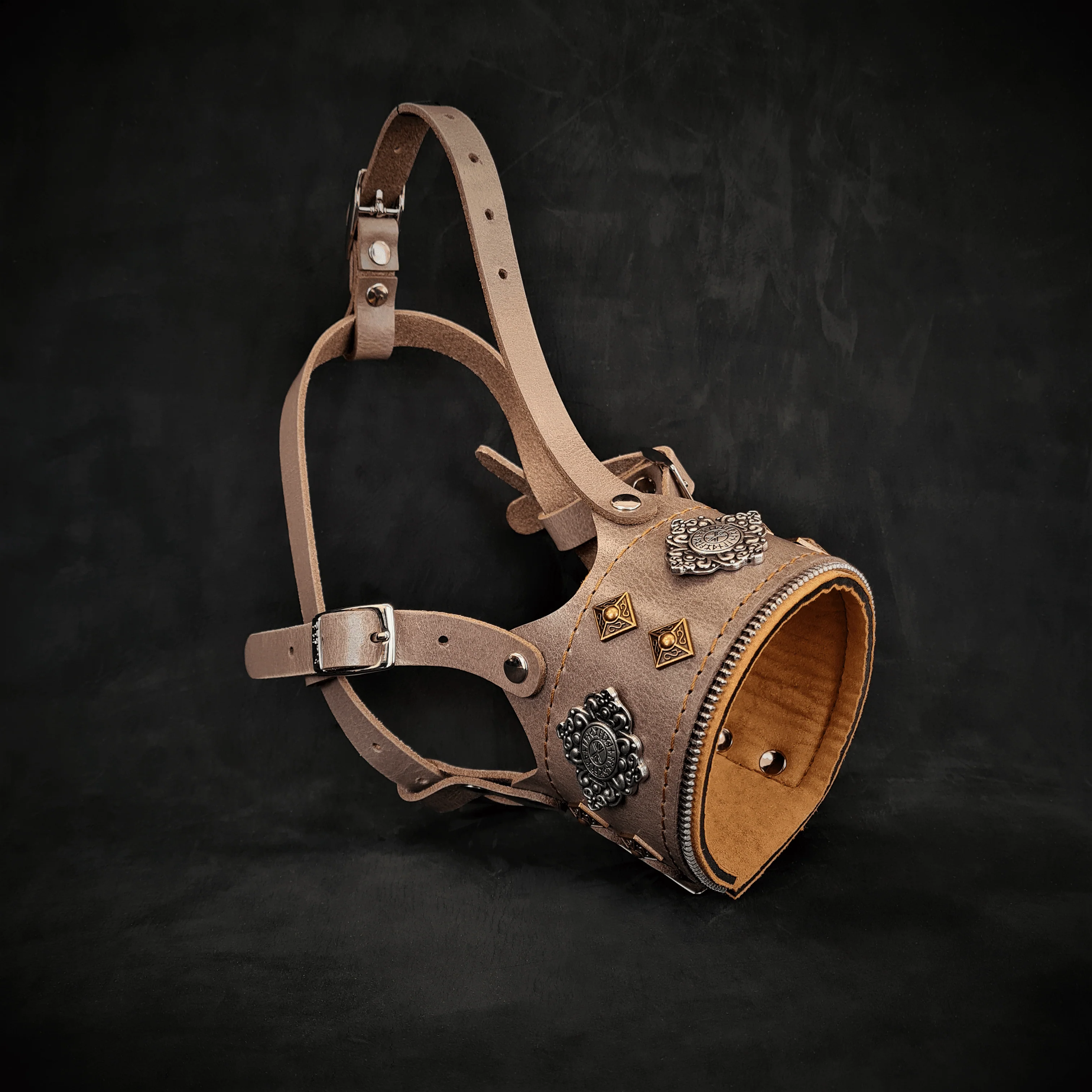 The "Aztec" Leather Dog Muzzle. Grey