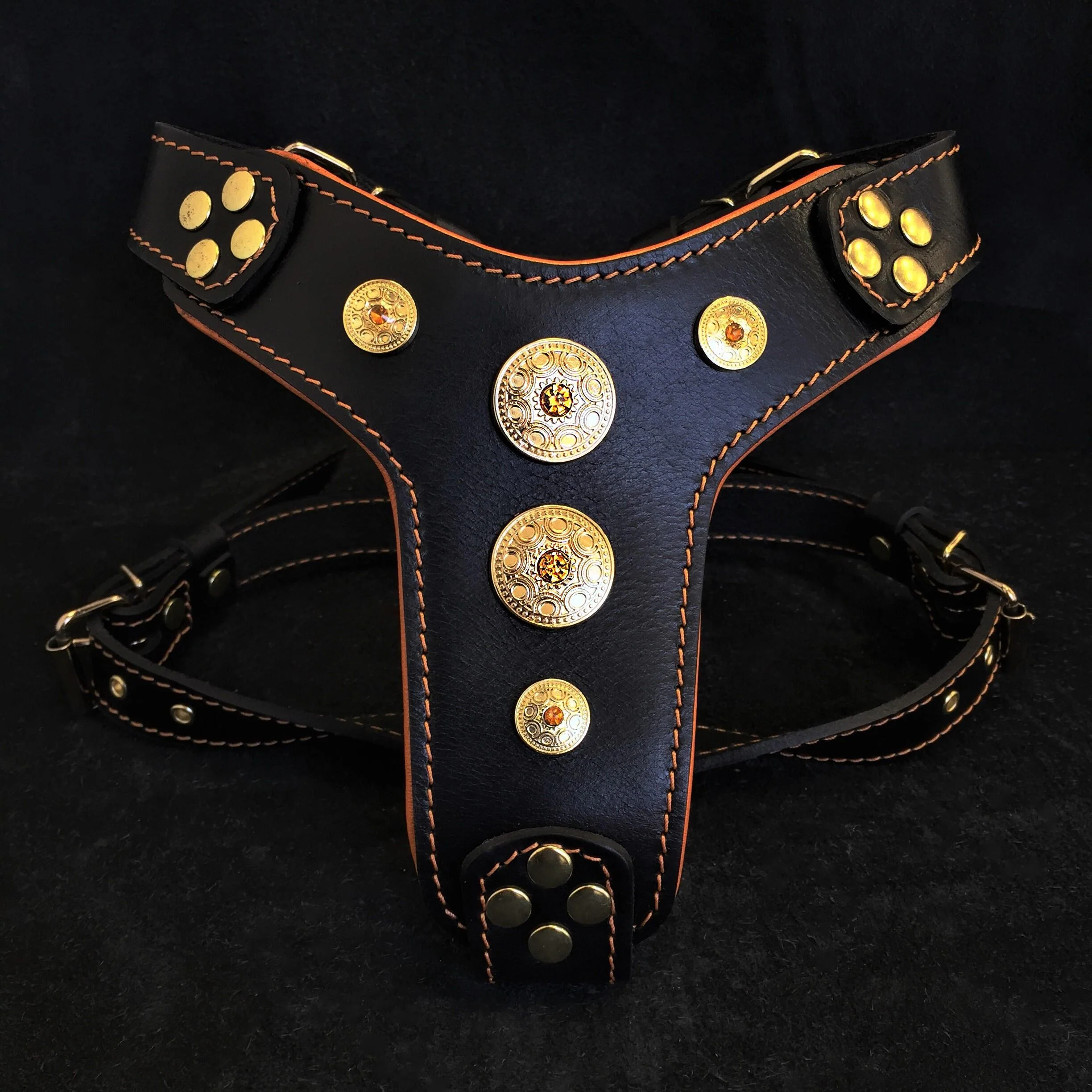 The "Bijou" Dog Harness for Small to Medium Breeds. Black & Orange