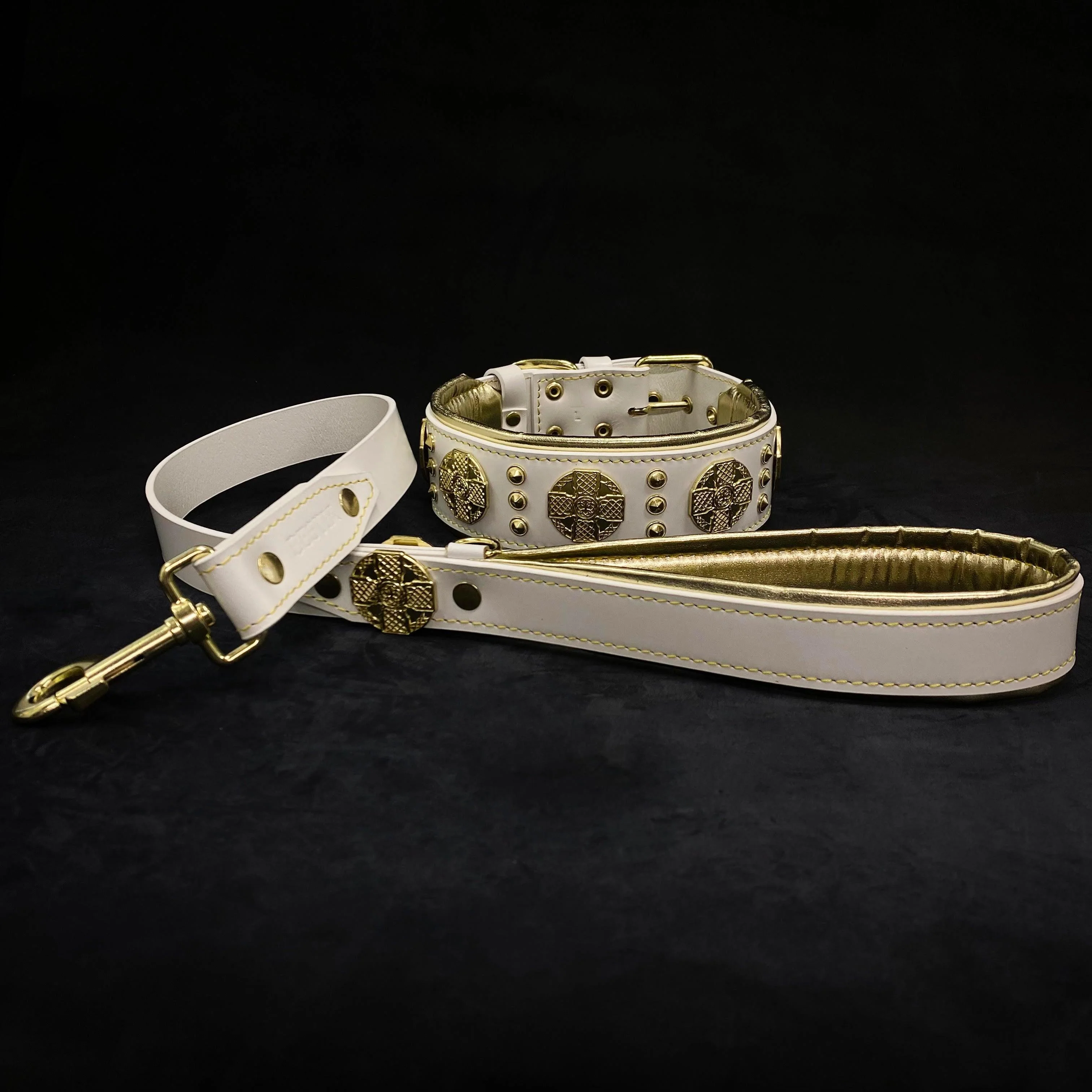 The "Maximus" Dog Collar 2.5-inch Wide. White & Gold - Image 6