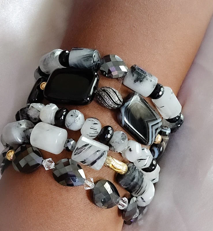 Tourmaline Quartz and Black Moissanite Bracelet Set