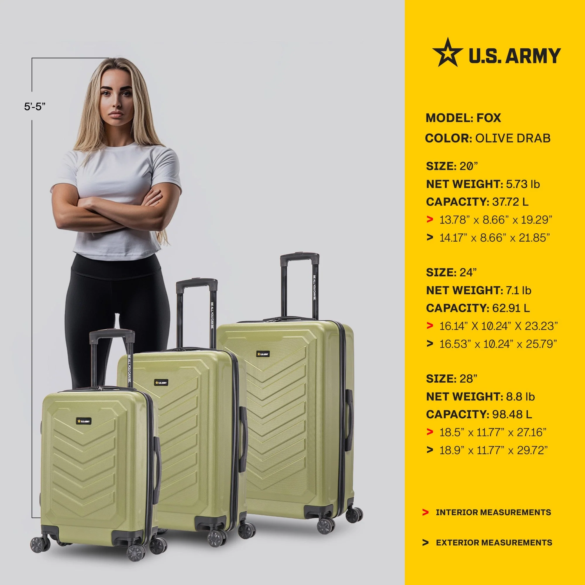 U.S. ARMY FOX 3-Piece Luggage Set 20”/24”/28” - Image 4