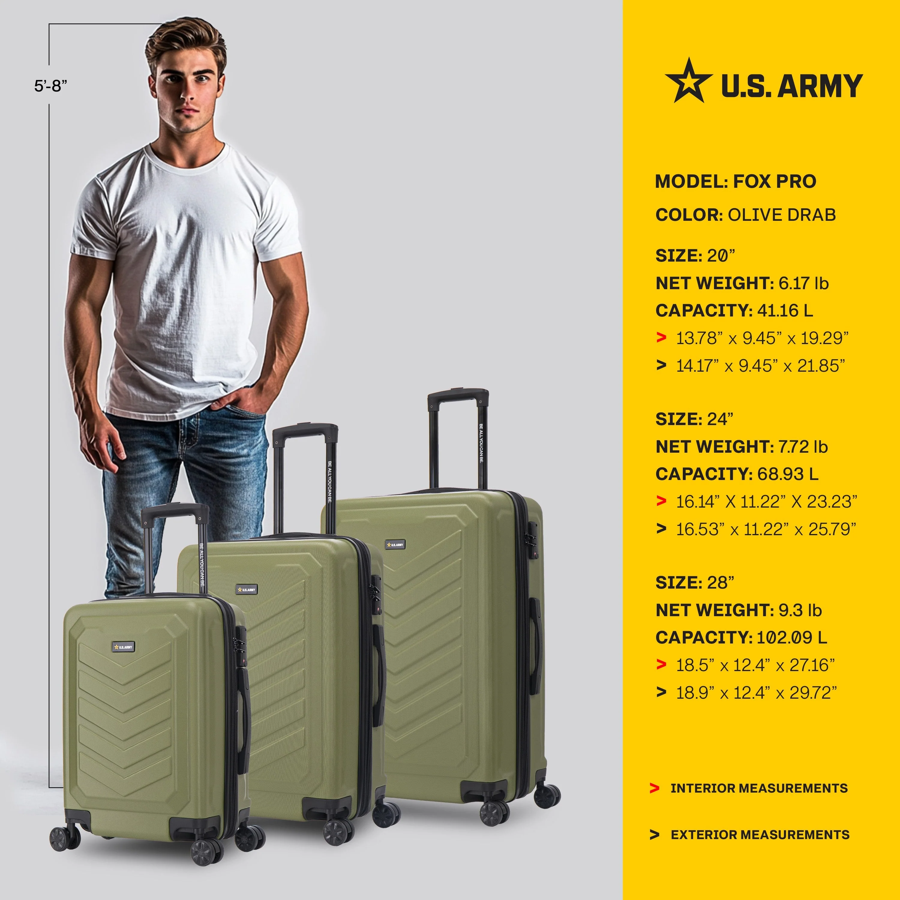 U.S. Army FOX PRO 3-Piece Luggage Set 20"/24"/28" Expandable Suitcases with TSA Lock - Image 12