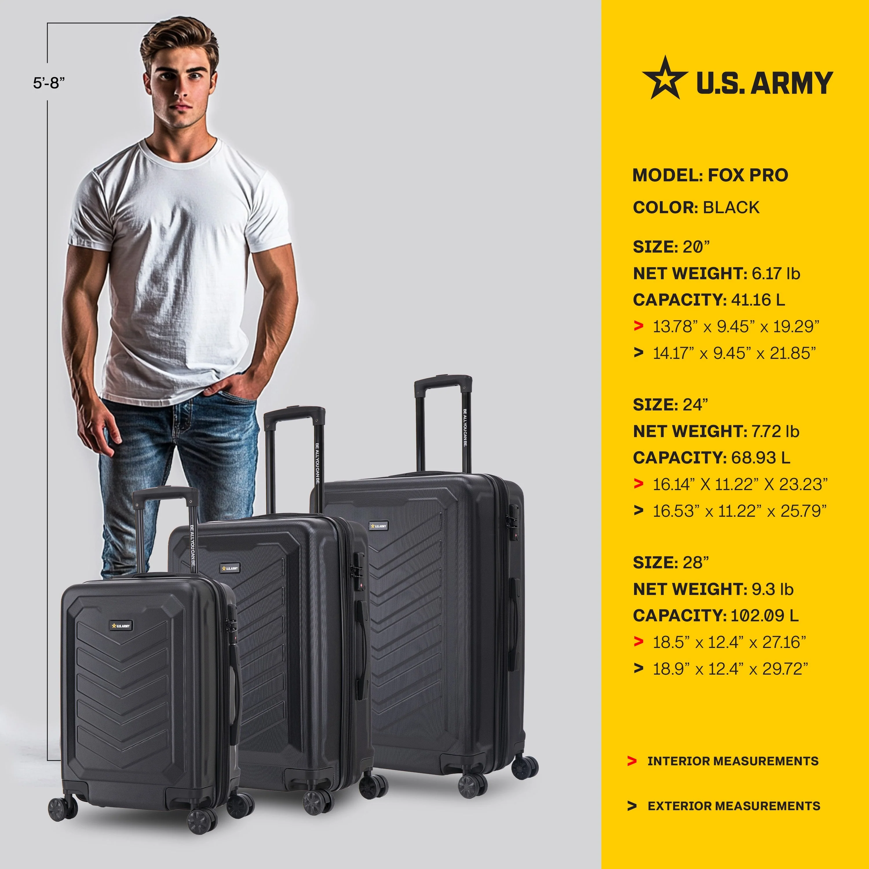 U.S. Army FOX PRO 3-Piece Luggage Set 20"/24"/28" Expandable Suitcases with TSA Lock - Image 21