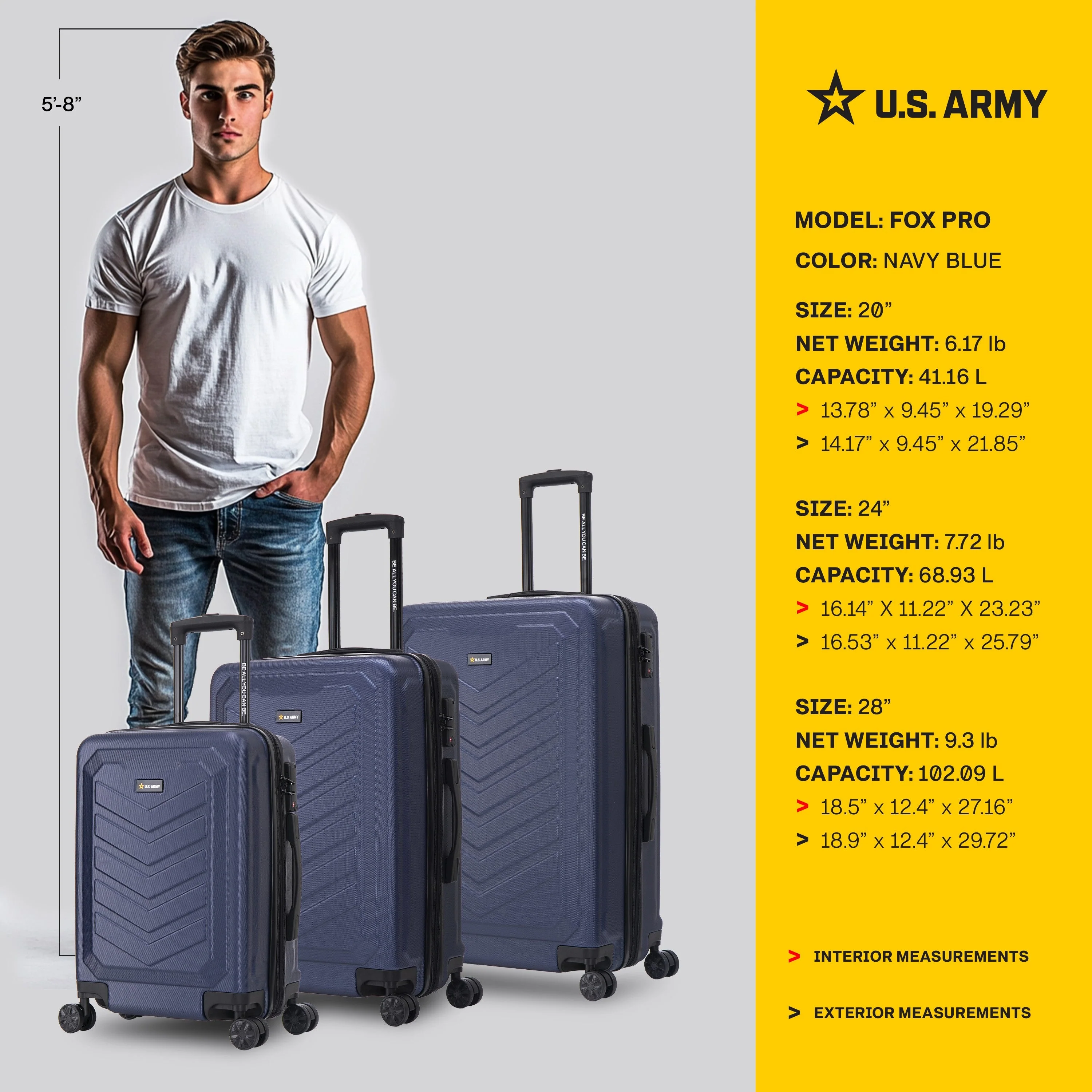 U.S. Army FOX PRO 3-Piece Luggage Set 20"/24"/28" Expandable Suitcases with TSA Lock - Image 4