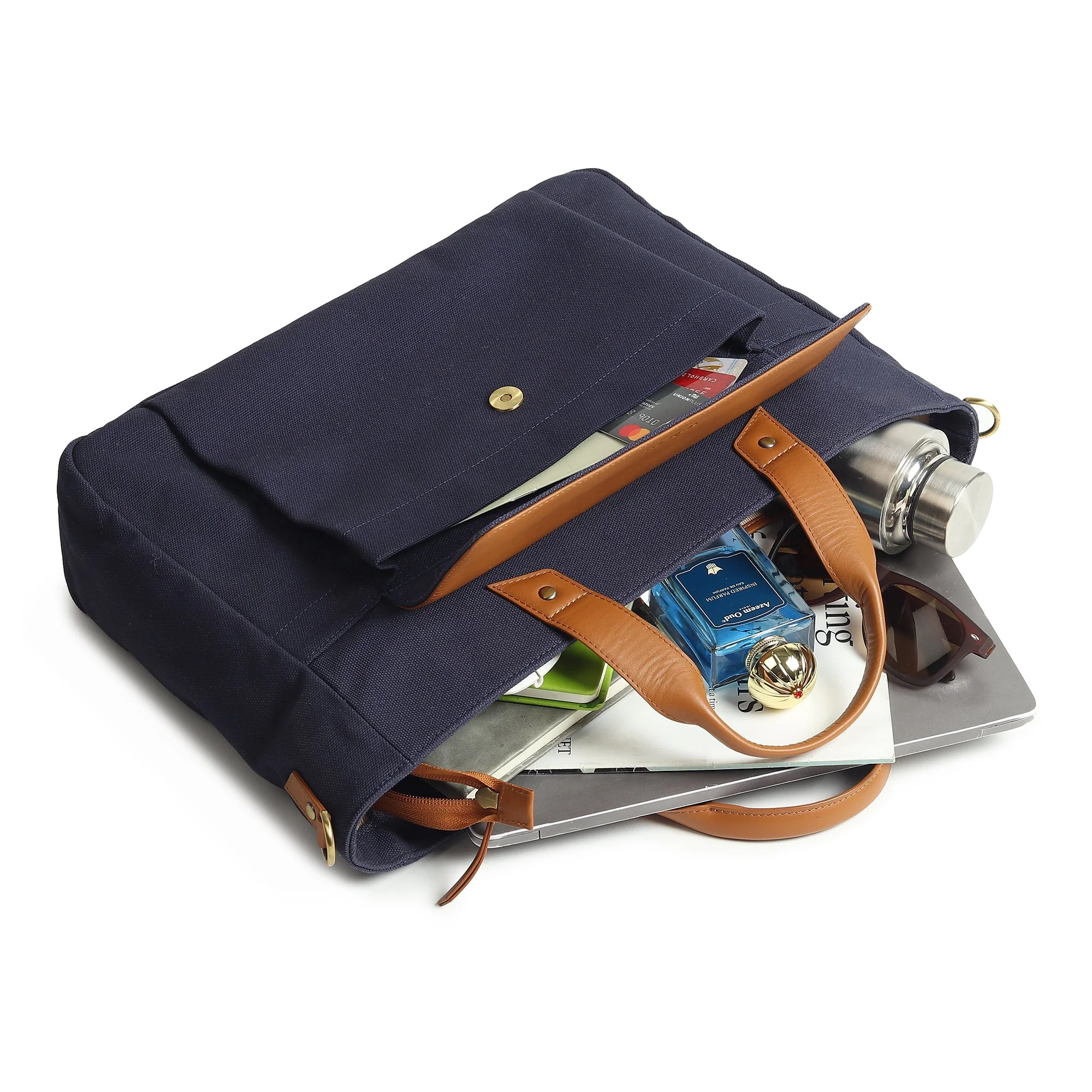 Voyager Canvas Leather Briefcase, Dark Blue - Image 2