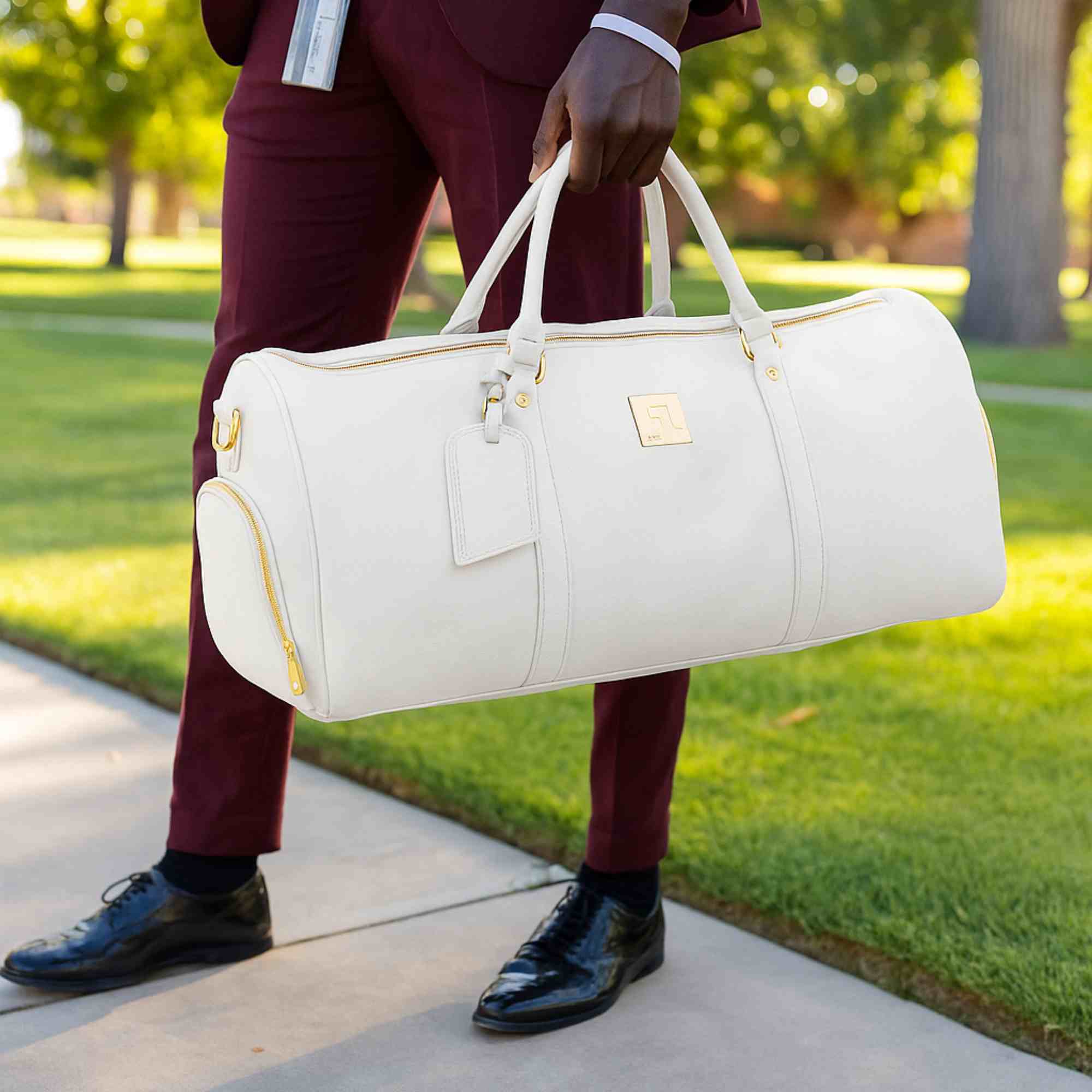White Leather Weekender Duffle Bag - Image 2