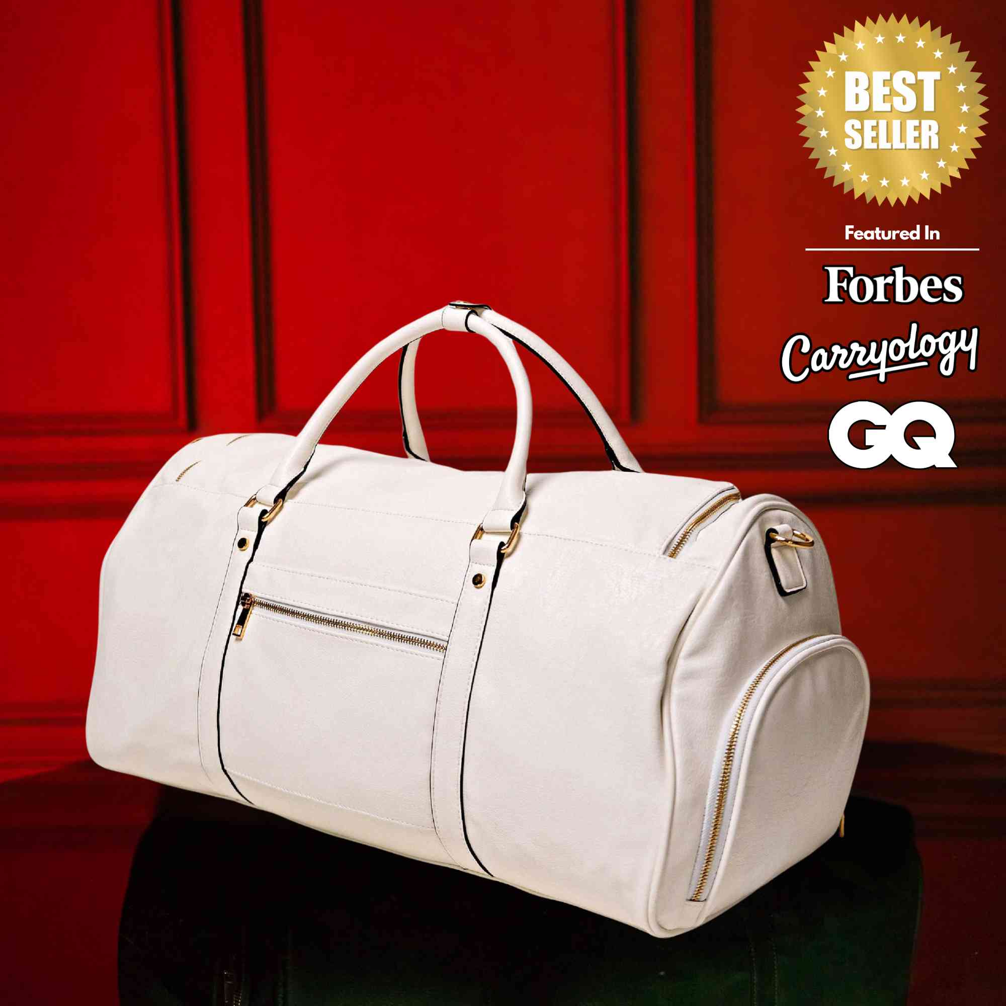 White Leather Weekender Duffle Bag - Image 3