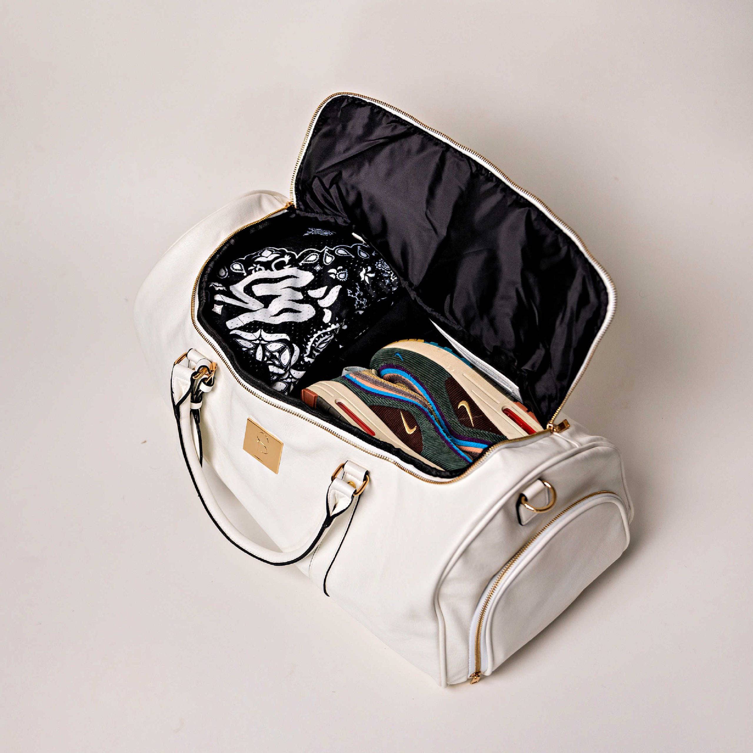 White Leather Weekender Duffle Bag - Image 4