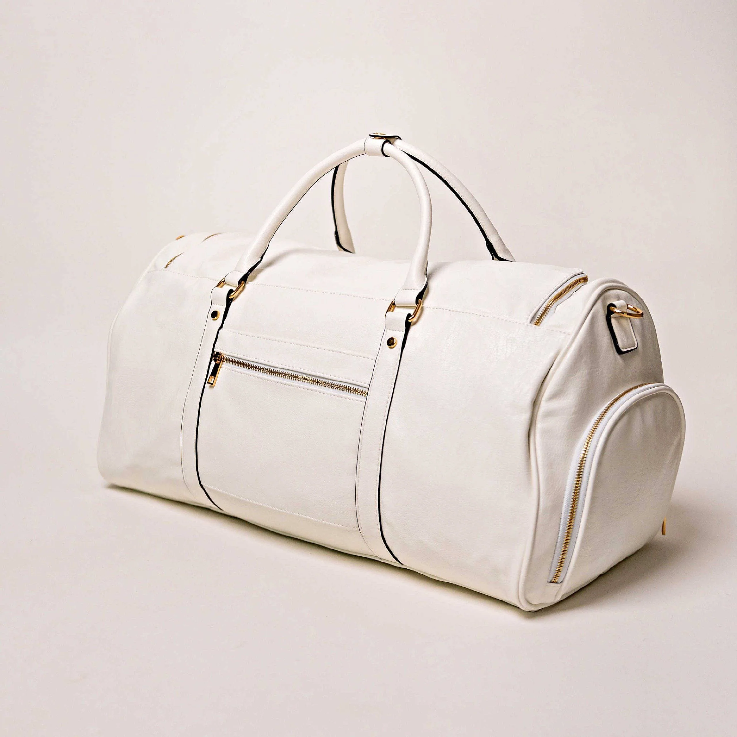 White Leather Weekender Duffle Bag - Image 5