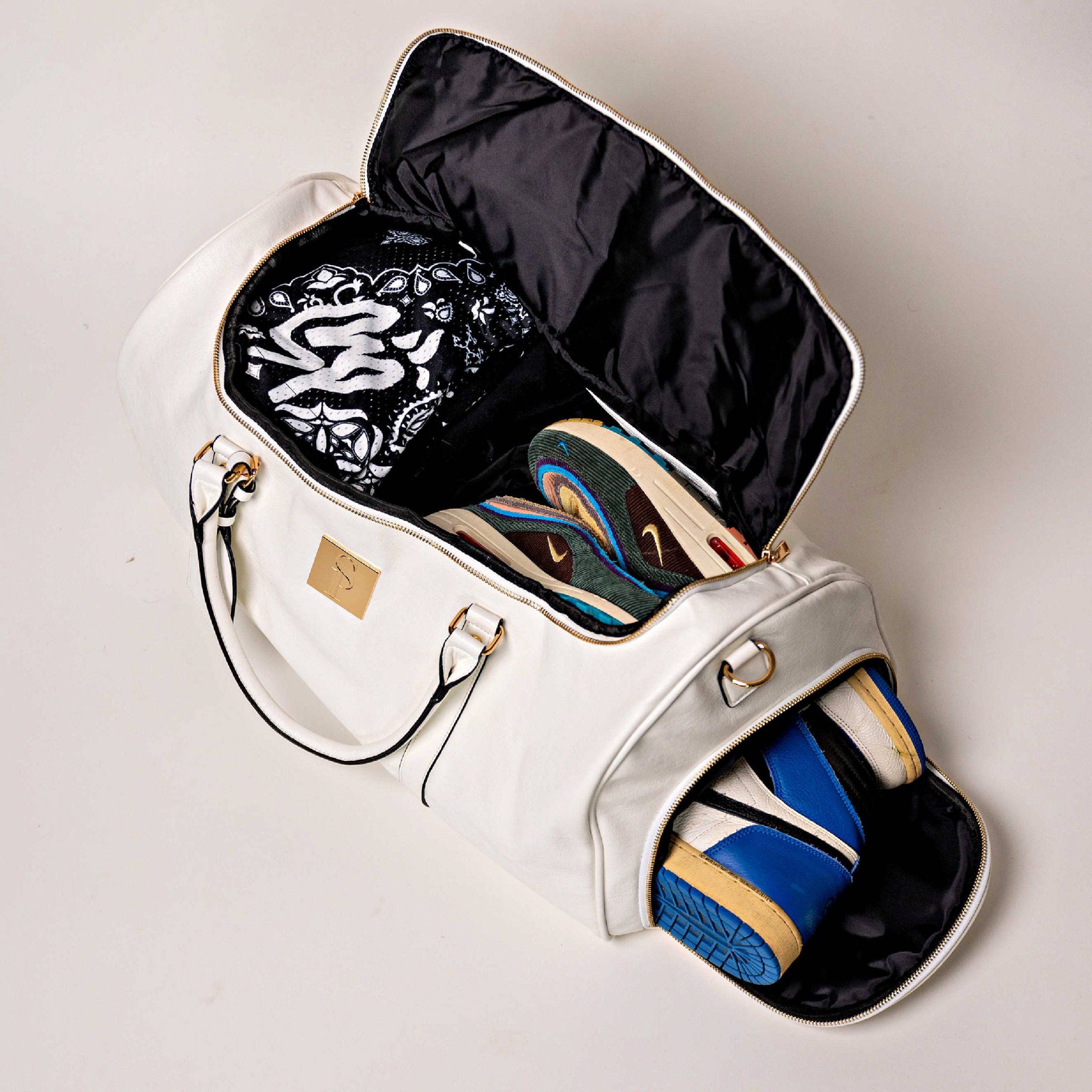 White Leather Weekender Duffle Bag - Image 7